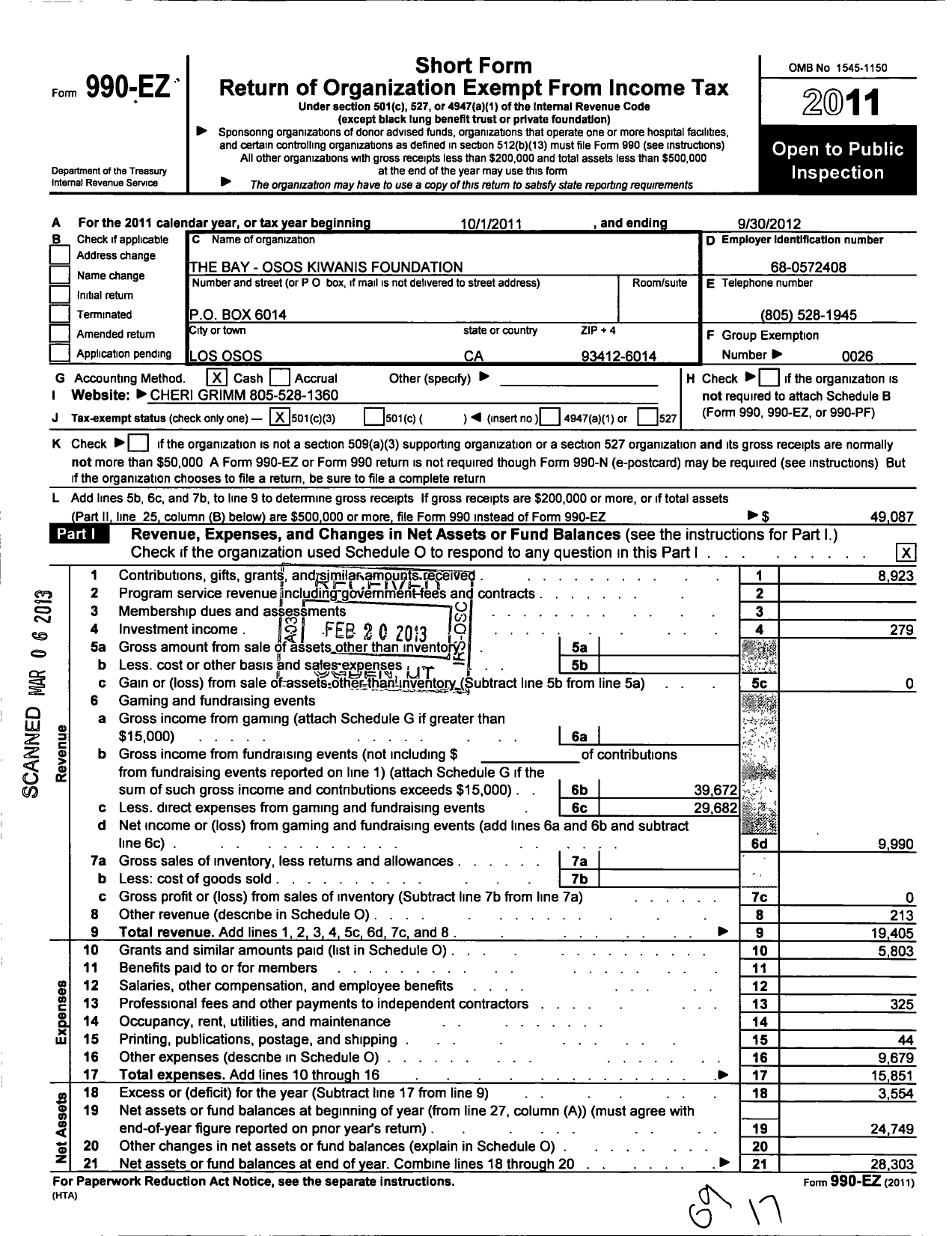 Image of first page of 2011 Form 990EZ for Bay-Osos Kiwanis Foundation