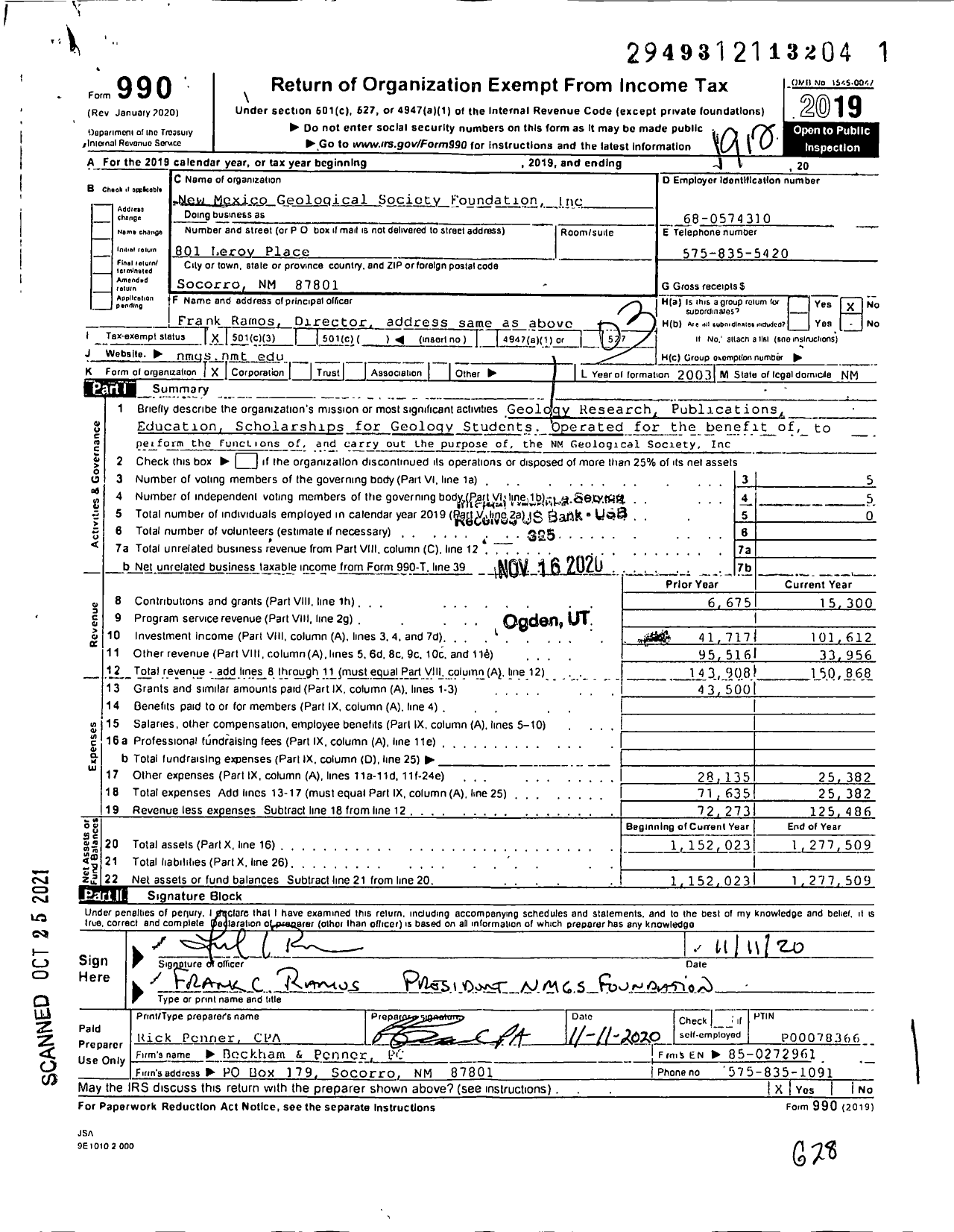 Image of first page of 2019 Form 990 for New Mexico Geological Society Foundation