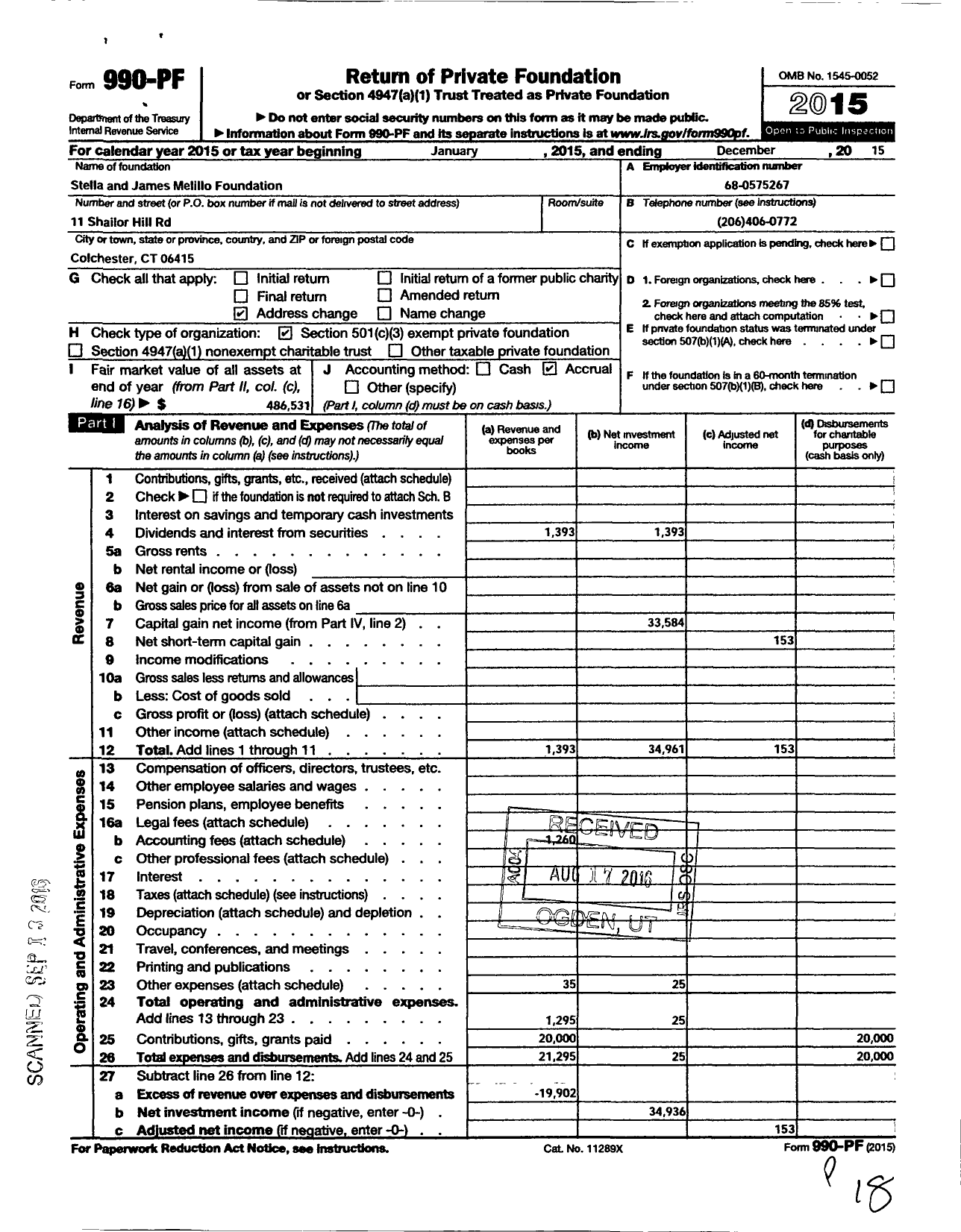 Image of first page of 2015 Form 990PF for Stella and James Melillo Foundation