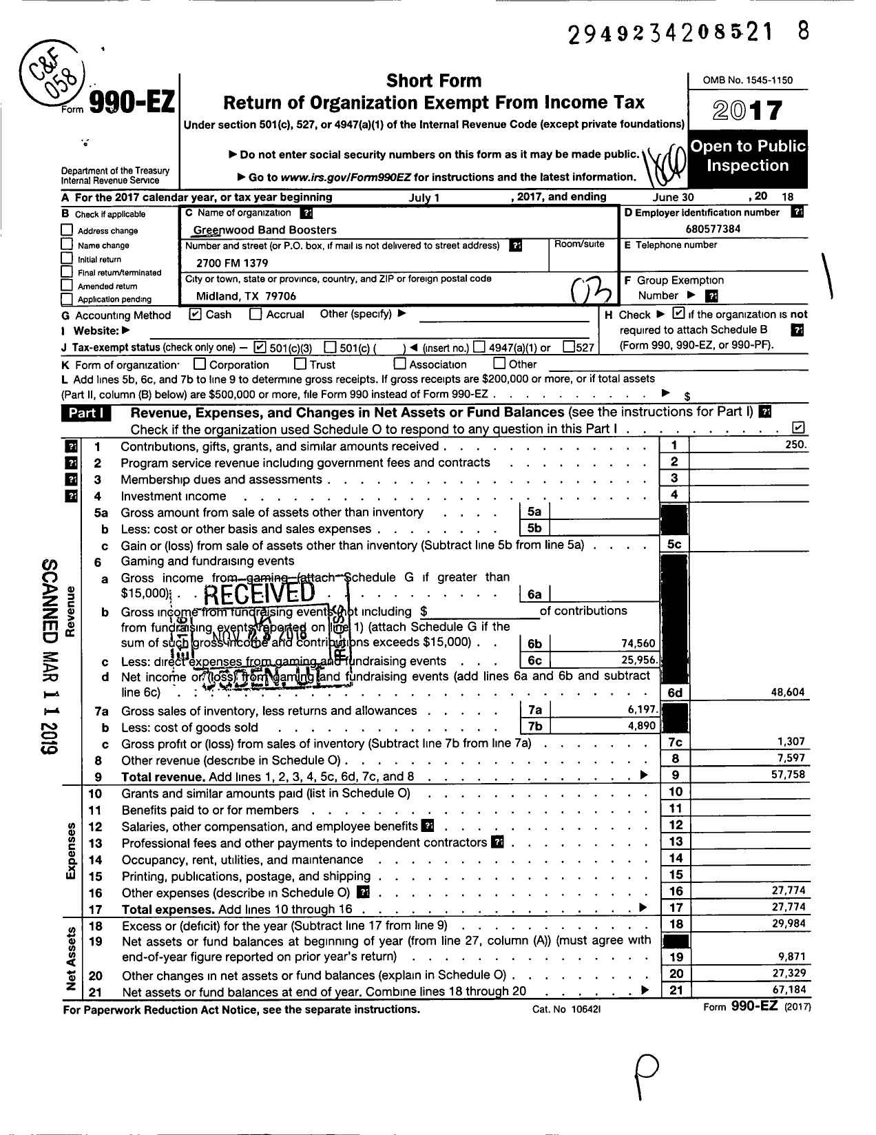 Image of first page of 2017 Form 990EZ for Greenwood Band Boosters