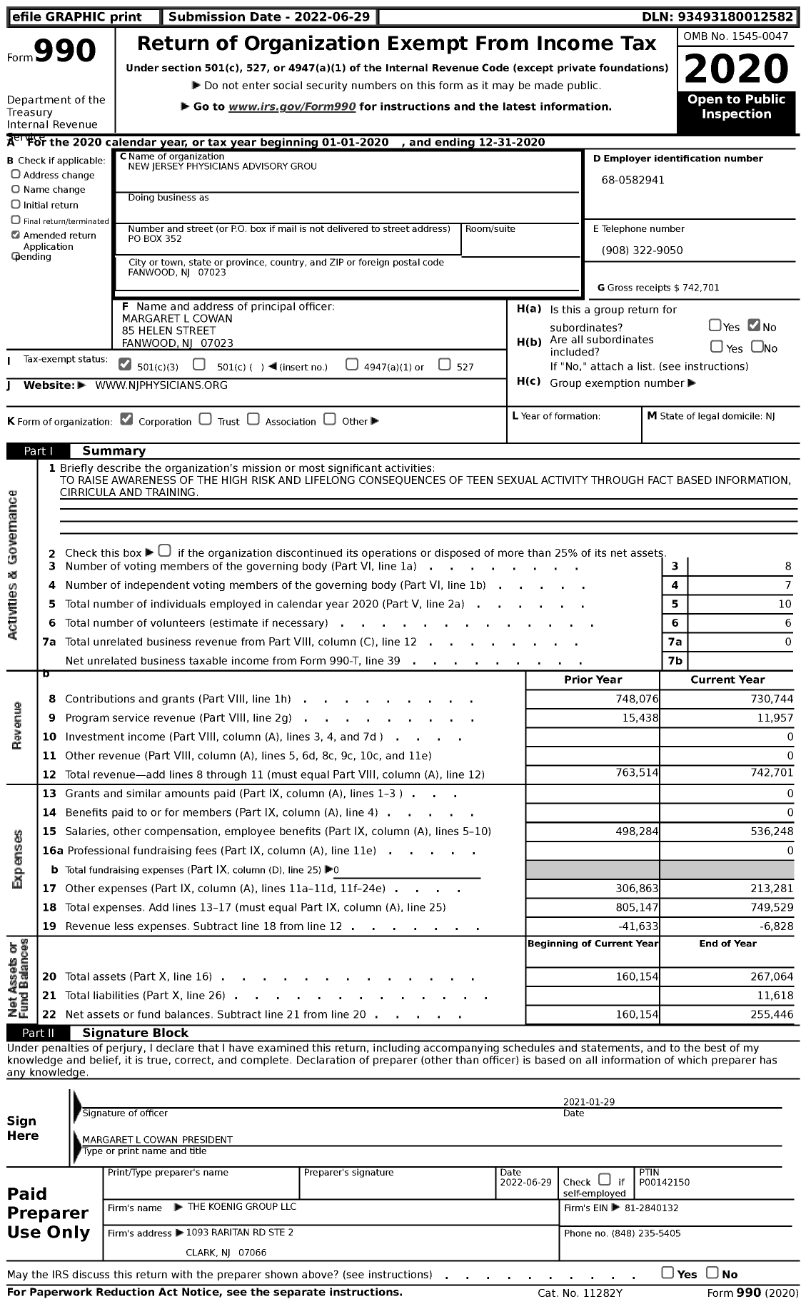 Image of first page of 2020 Form 990 for New Jersey Physicians Advisory Group