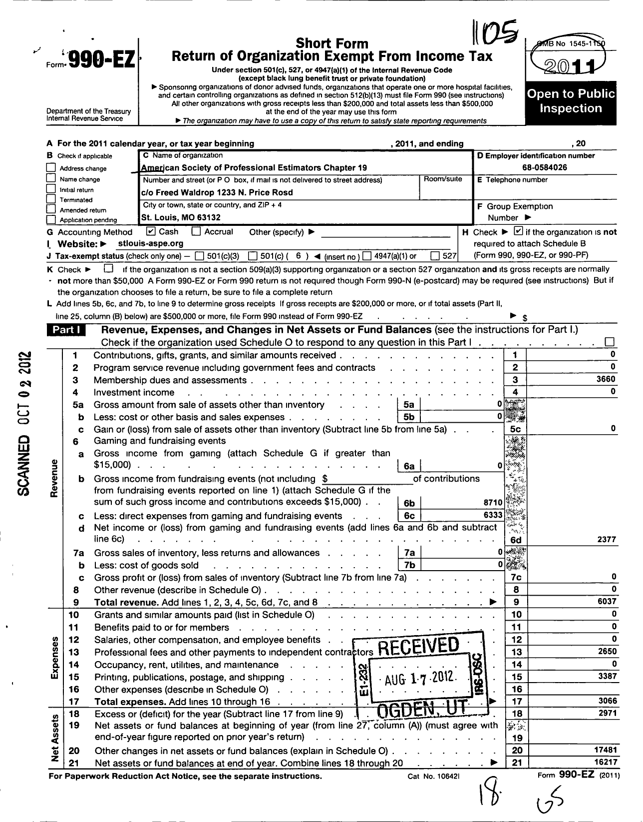 Image of first page of 2011 Form 990EO for American Society of Professional Estimators Chapter 19