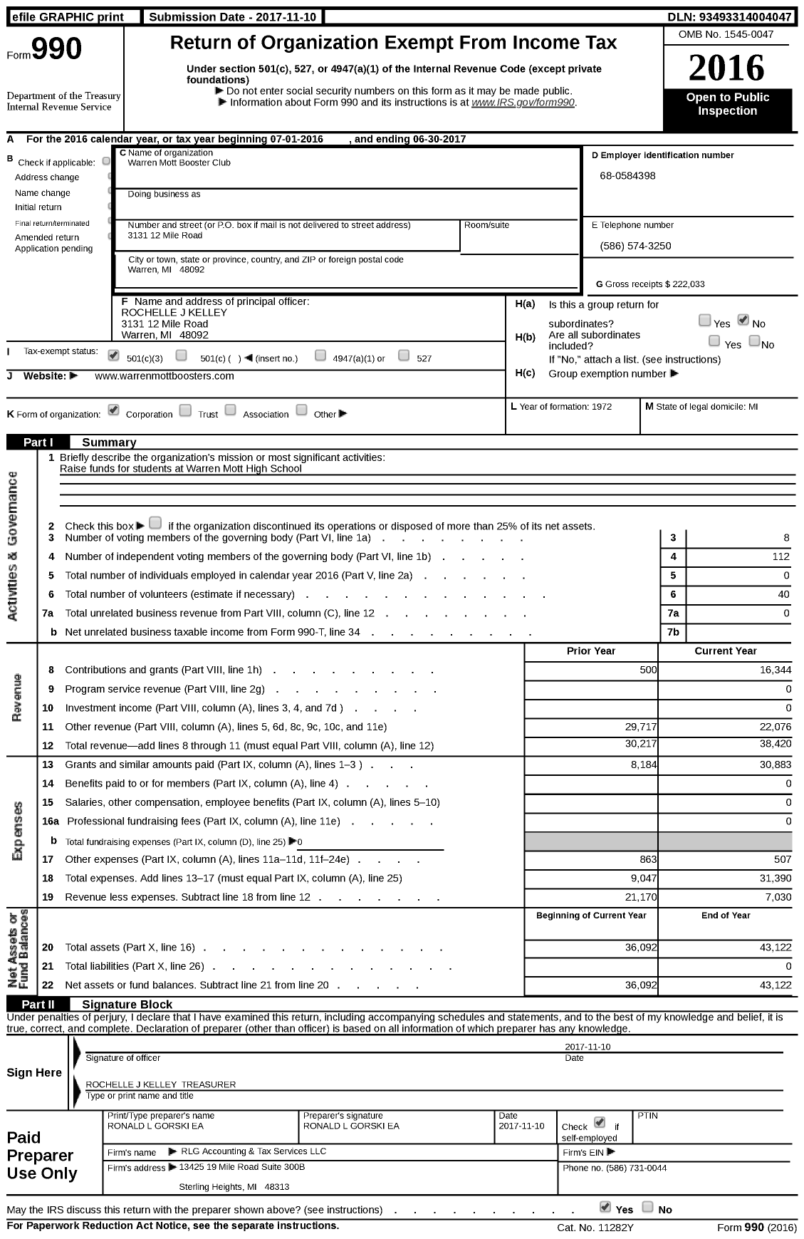 Image of first page of 2016 Form 990 for Warren Mott Boosters Club