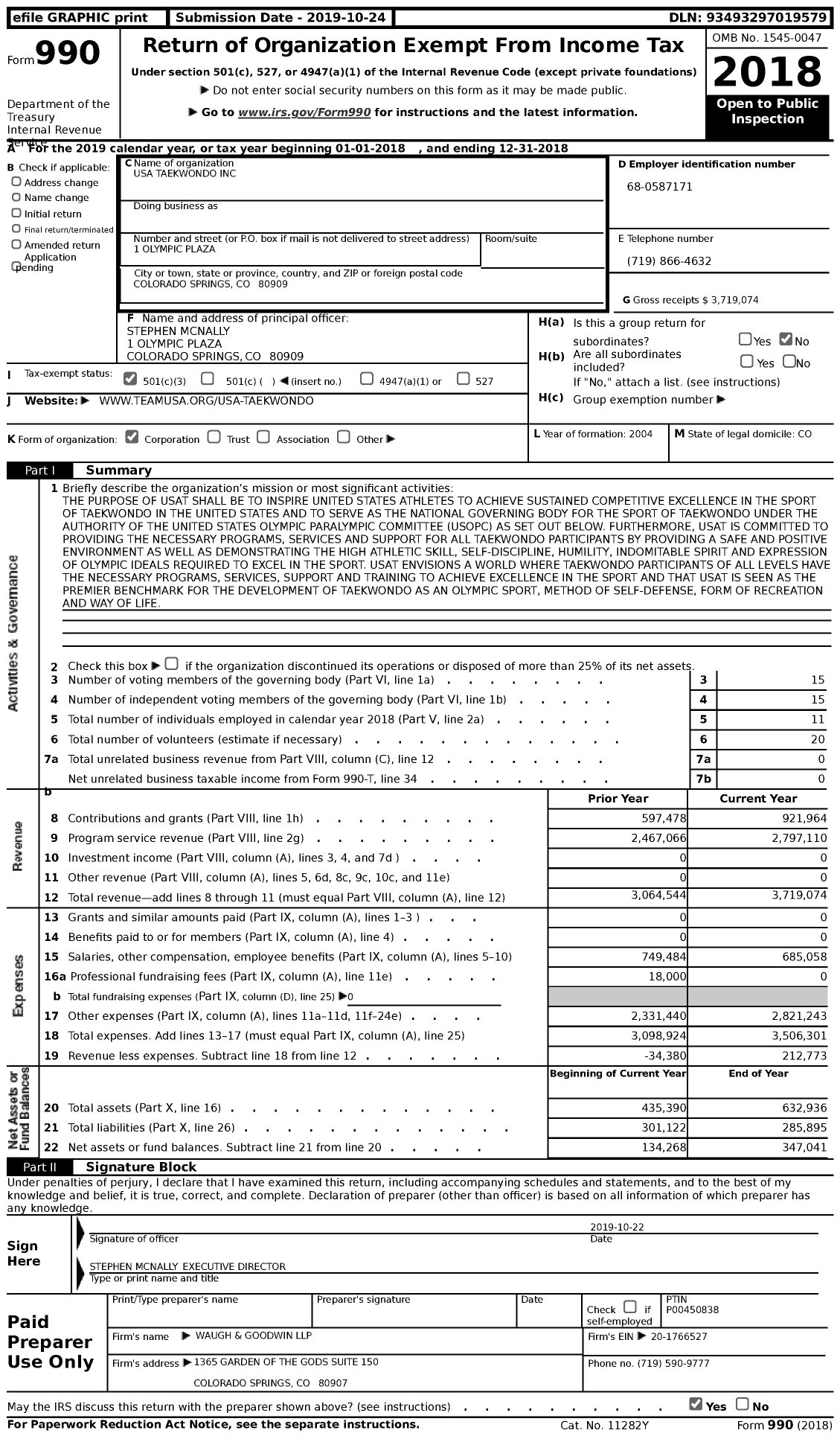 Image of first page of 2018 Form 990 for USA Taekwondo