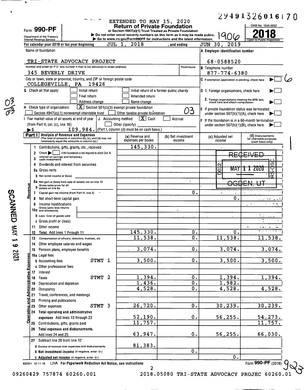 Image of first page of 2018 Form 990PF for Tri-State Advocacy Project