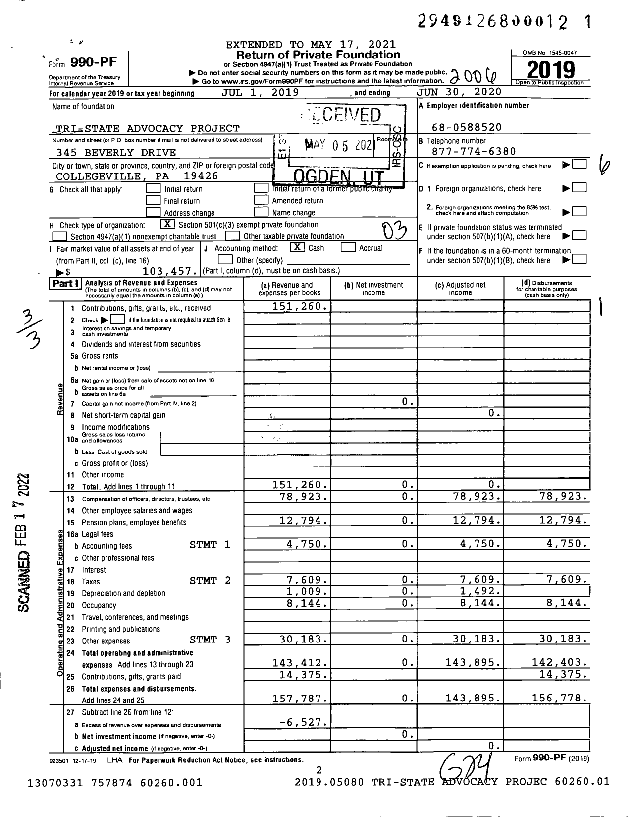 Image of first page of 2019 Form 990PF for Tri-State Advocacy Project