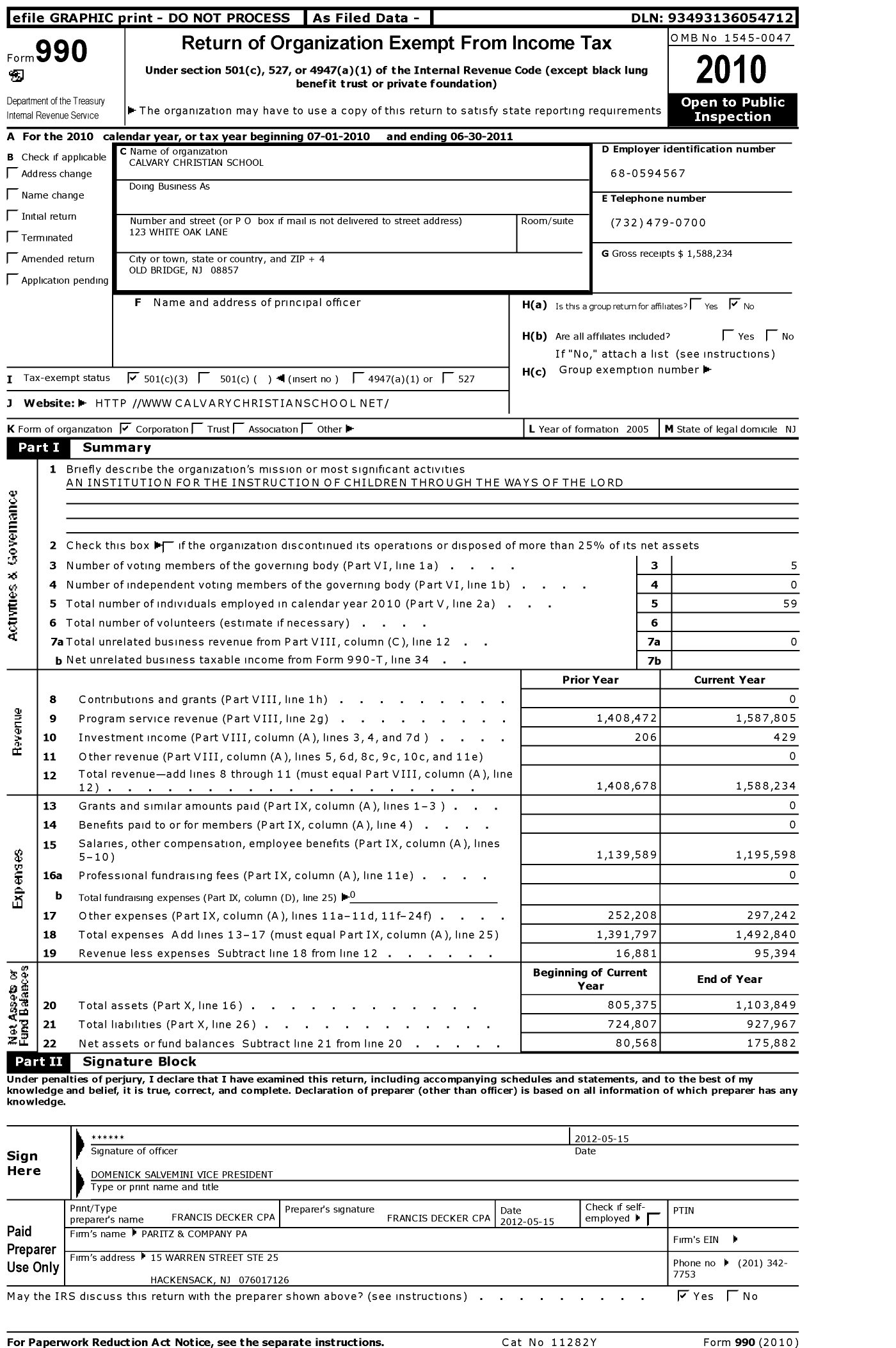 Image of first page of 2010 Form 990 for Calvary Christian School Corporation