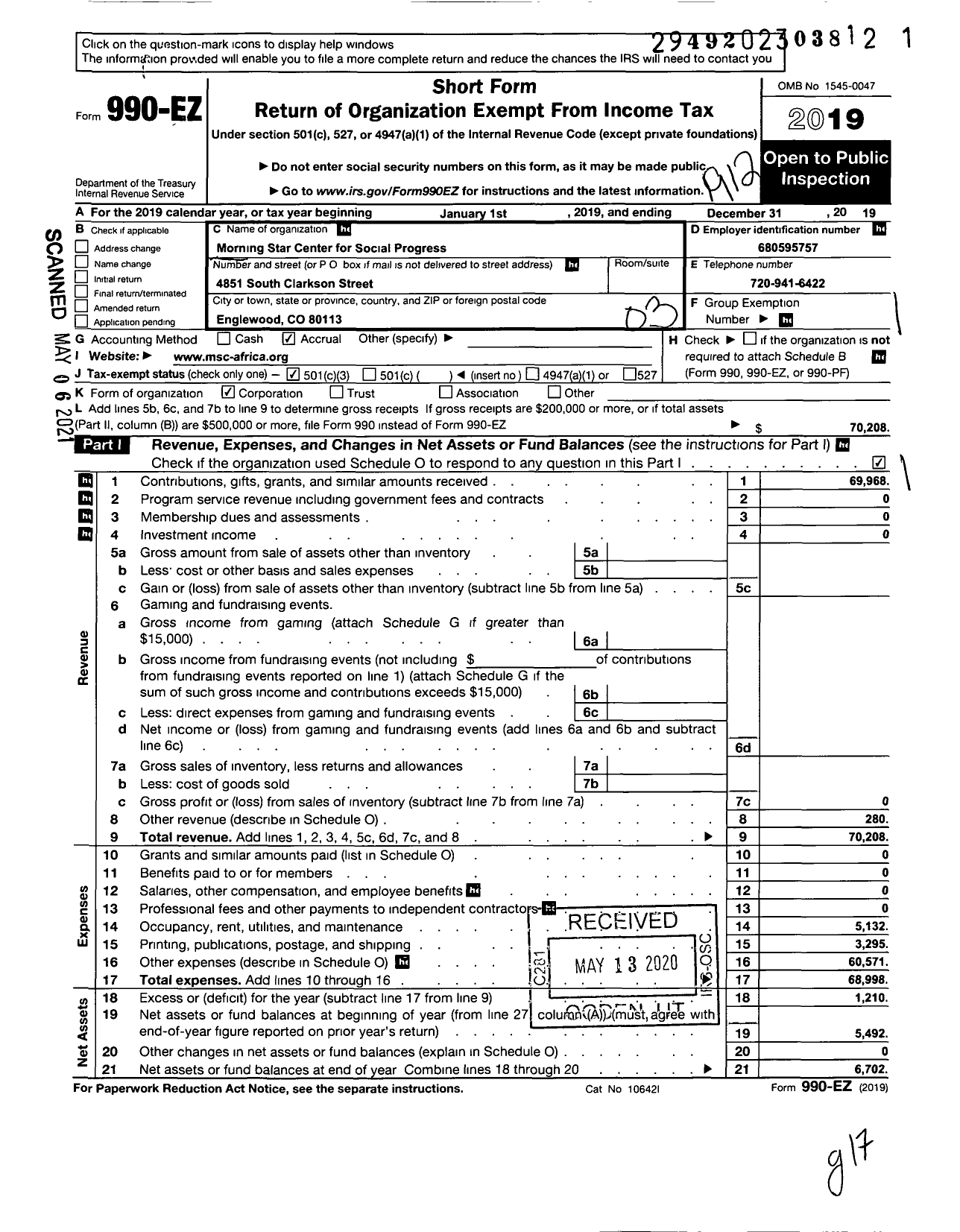 Image of first page of 2019 Form 990EZ for Morning Star Center for Social Progress