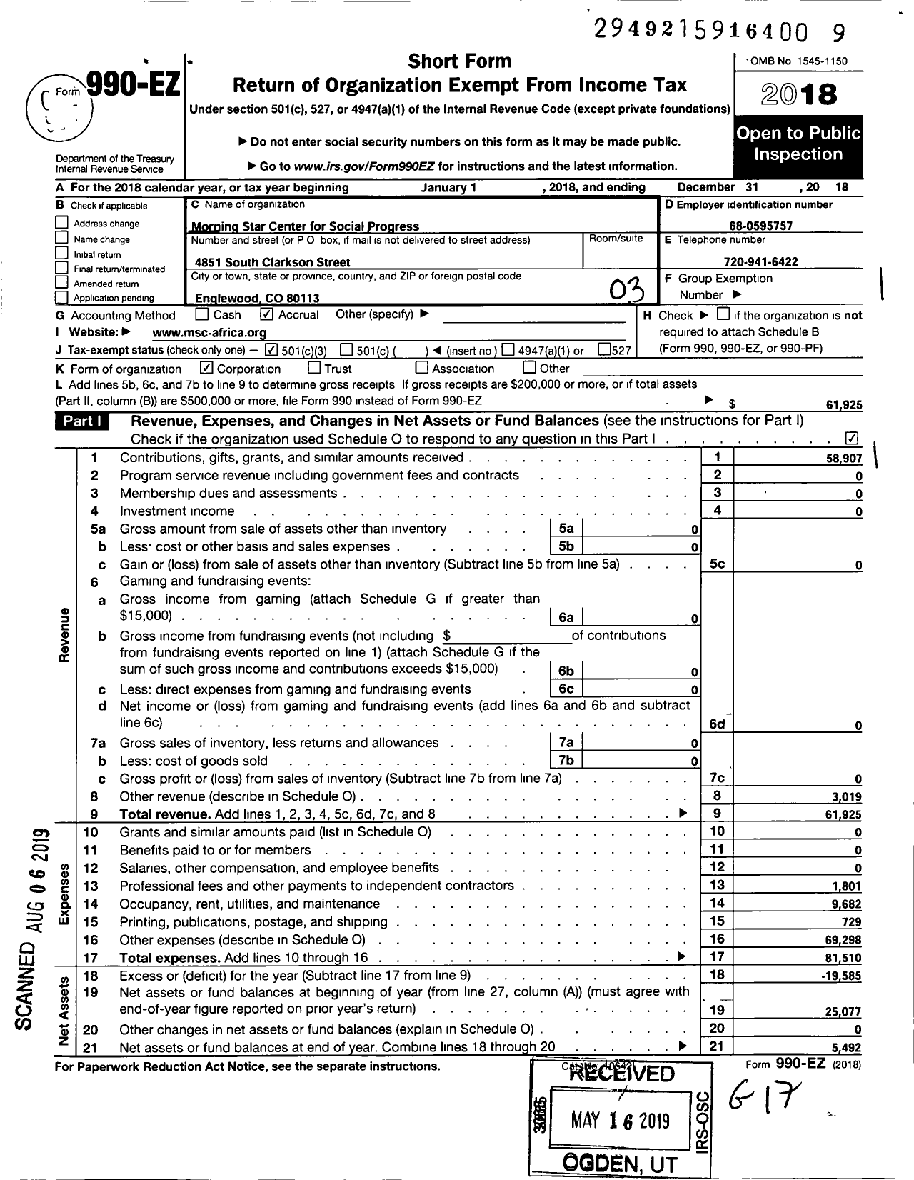 Image of first page of 2018 Form 990EZ for Morning Star Center for Social Progress