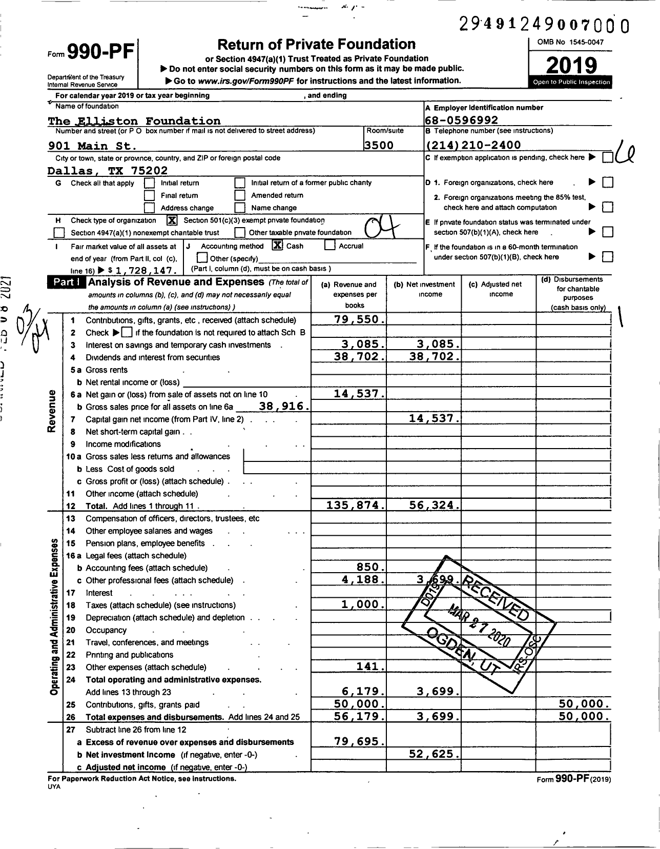 Image of first page of 2019 Form 990PF for The Elliston Foundation