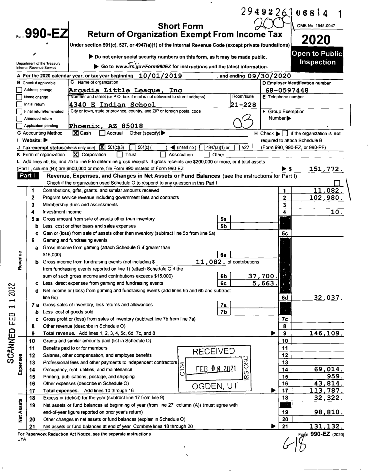 Image of first page of 2019 Form 990EZ for Little League Baseball - 4030610 Arcadia LL