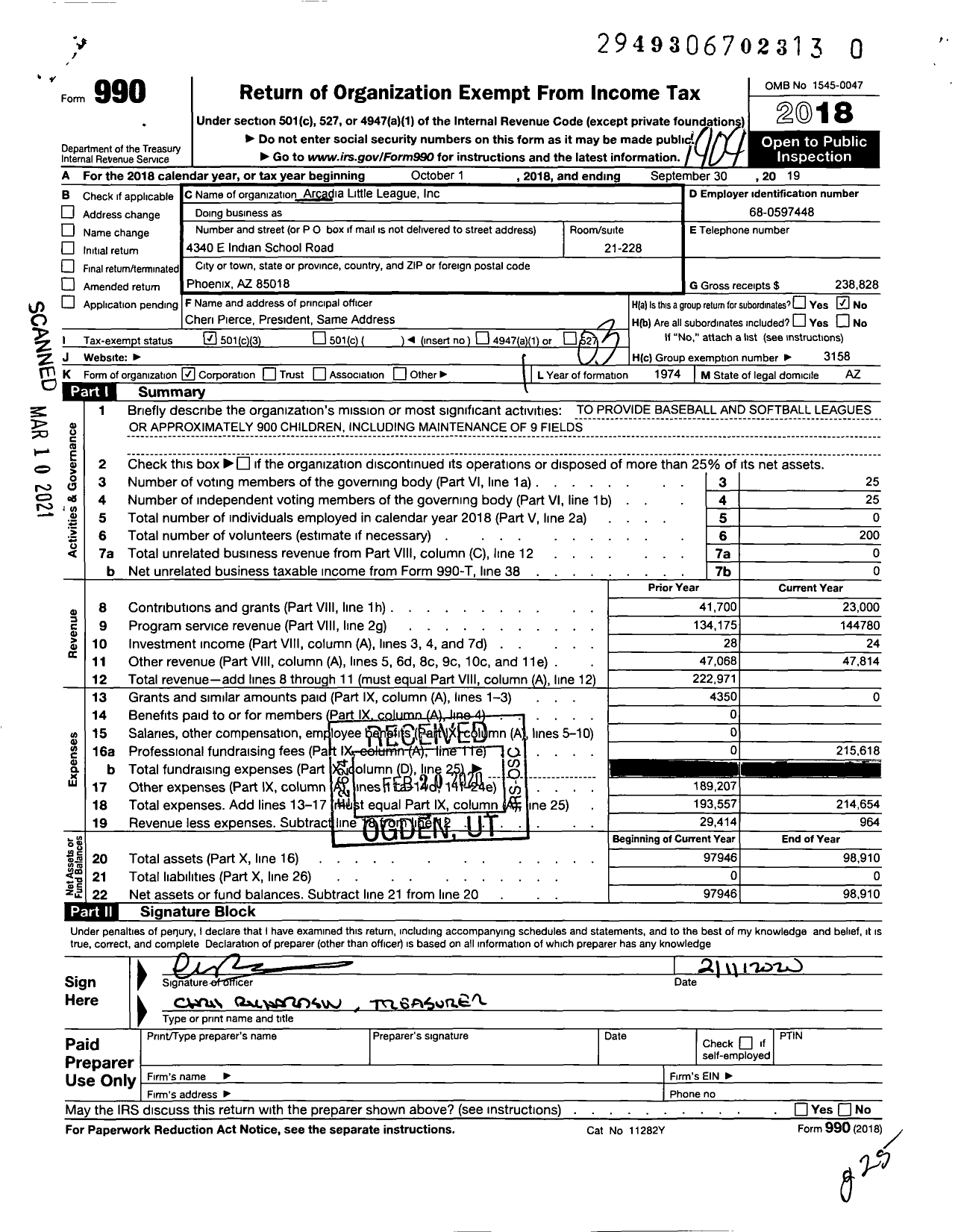 Image of first page of 2018 Form 990 for Little League Baseball - 4030610 Arcadia LL