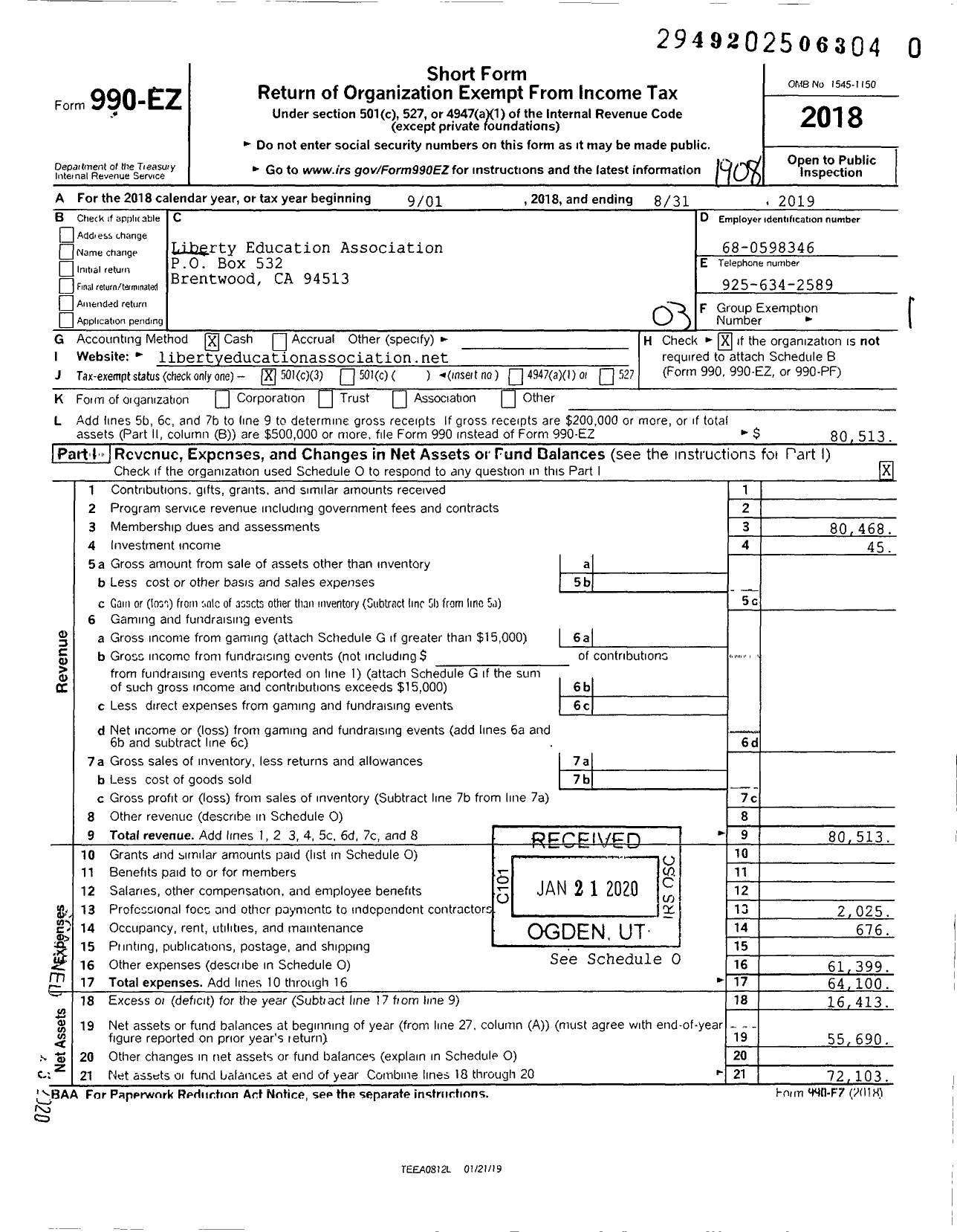 Image of first page of 2018 Form 990EZ for California Teachers Association - Liberty Ea