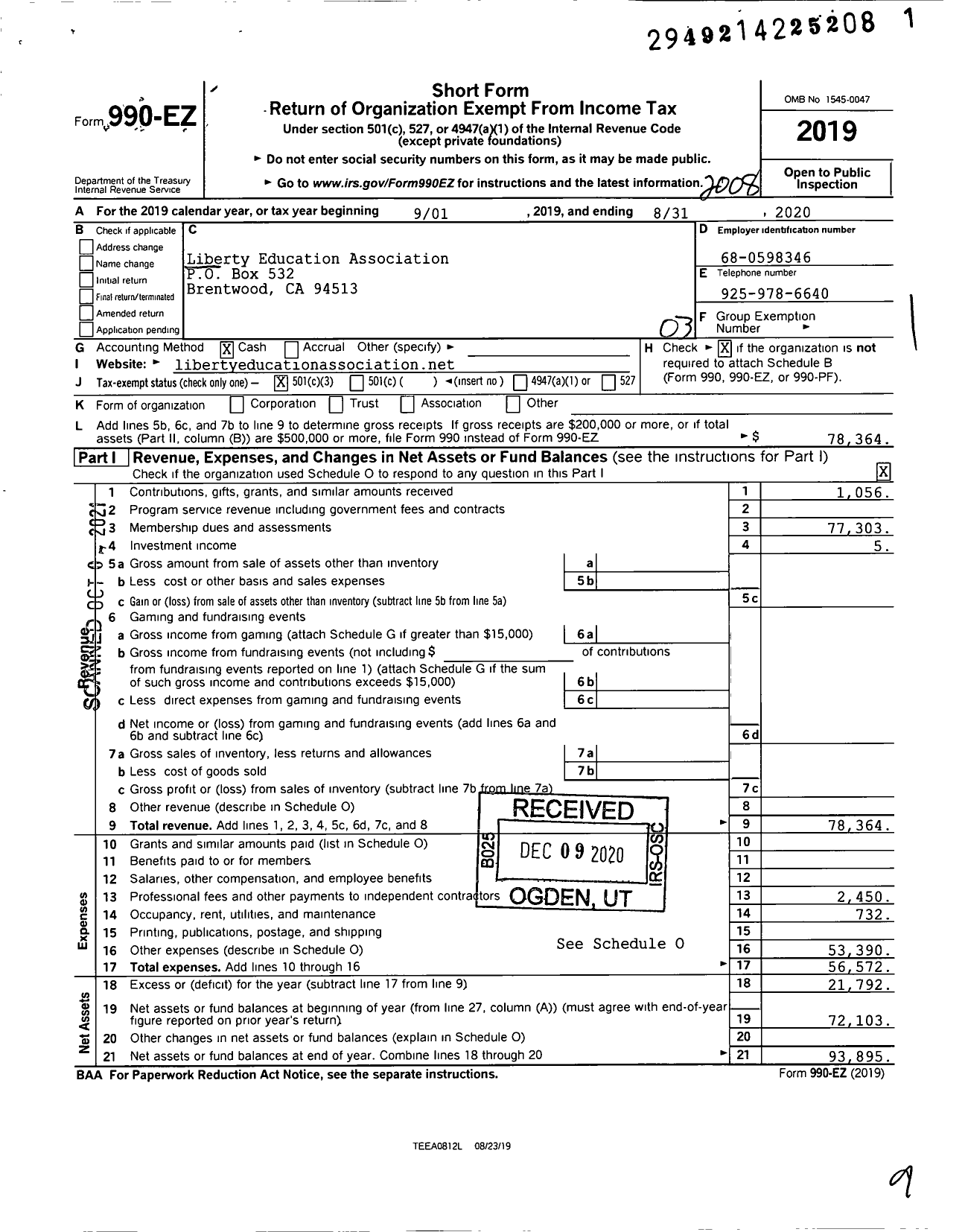 Image of first page of 2019 Form 990EZ for California Teachers Association - Liberty Ea