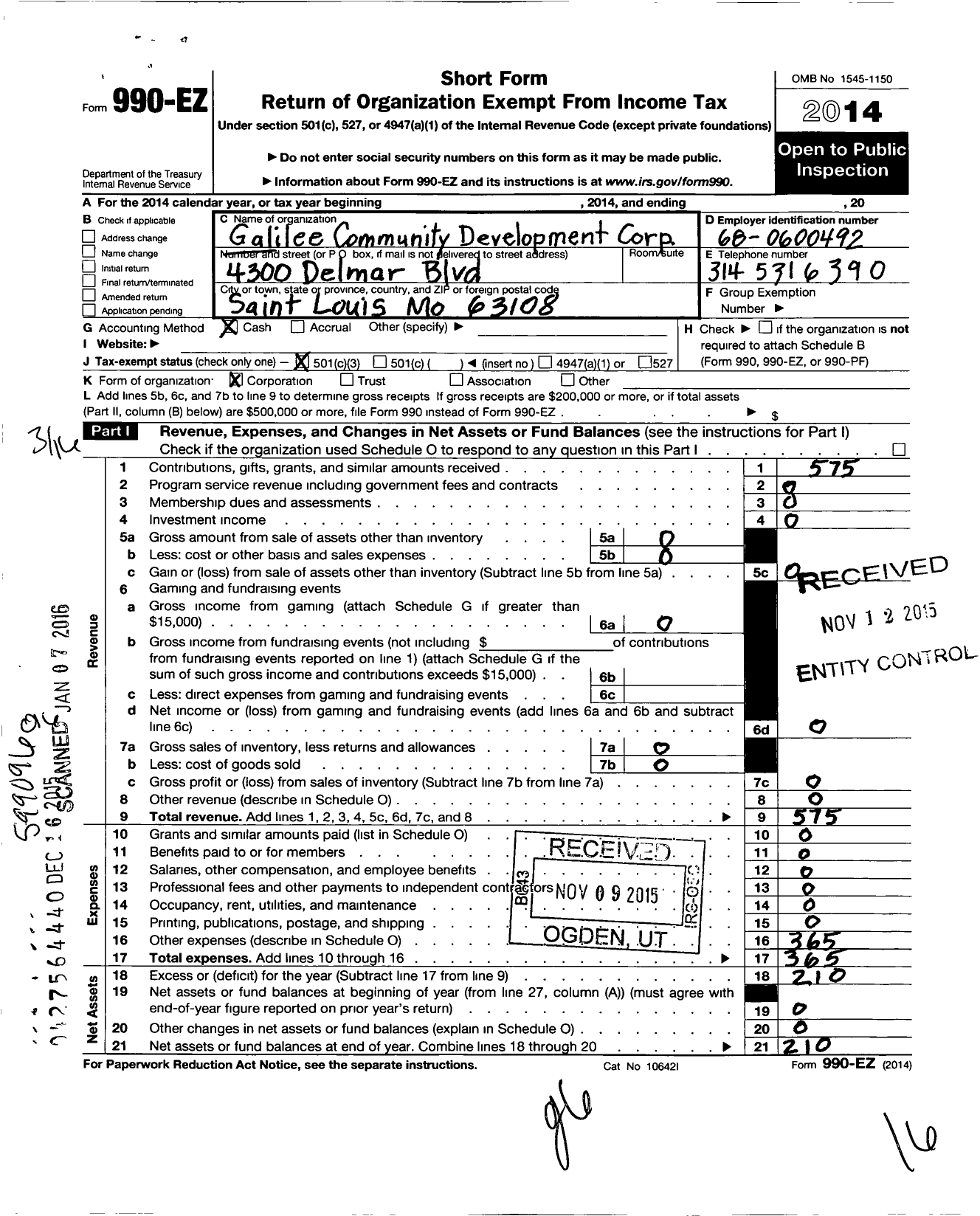 Image of first page of 2014 Form 990EZ for Galilee Community Development Corporation