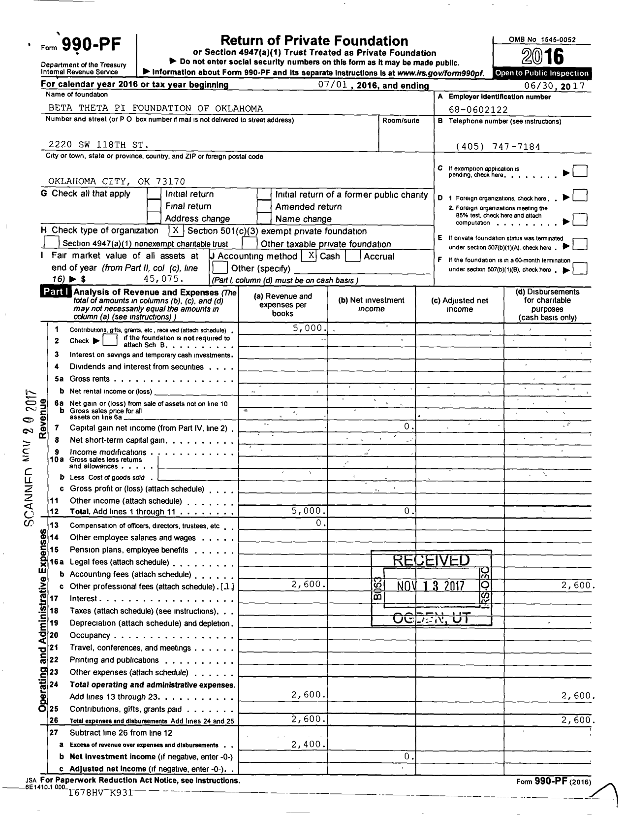Image of first page of 2016 Form 990PF for Beta Theta Pi Foundation of Oklahoma