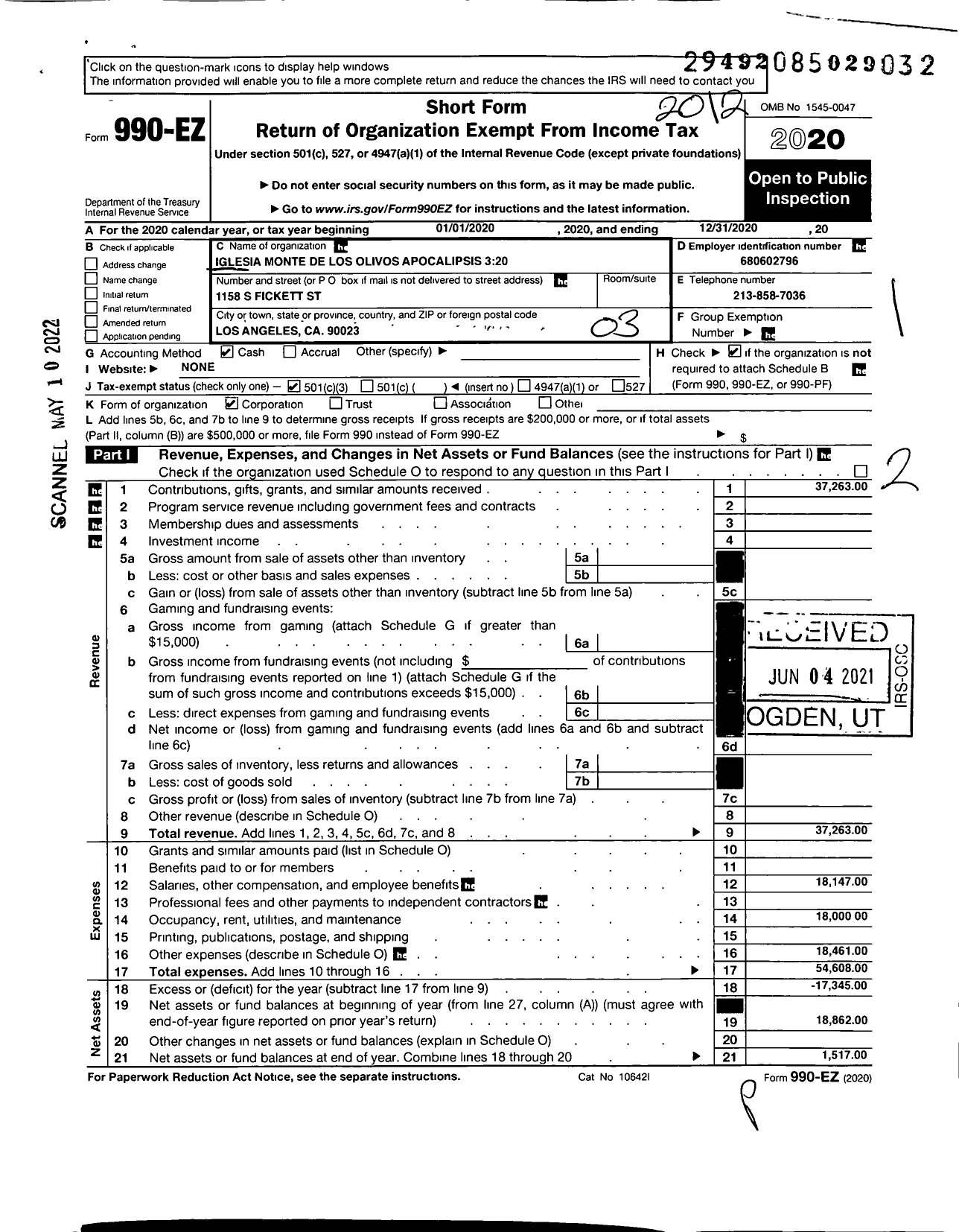 Image of first page of 2020 Form 990EZ for Iglesia Monte de Los Olivos Apocalipsis 3 20