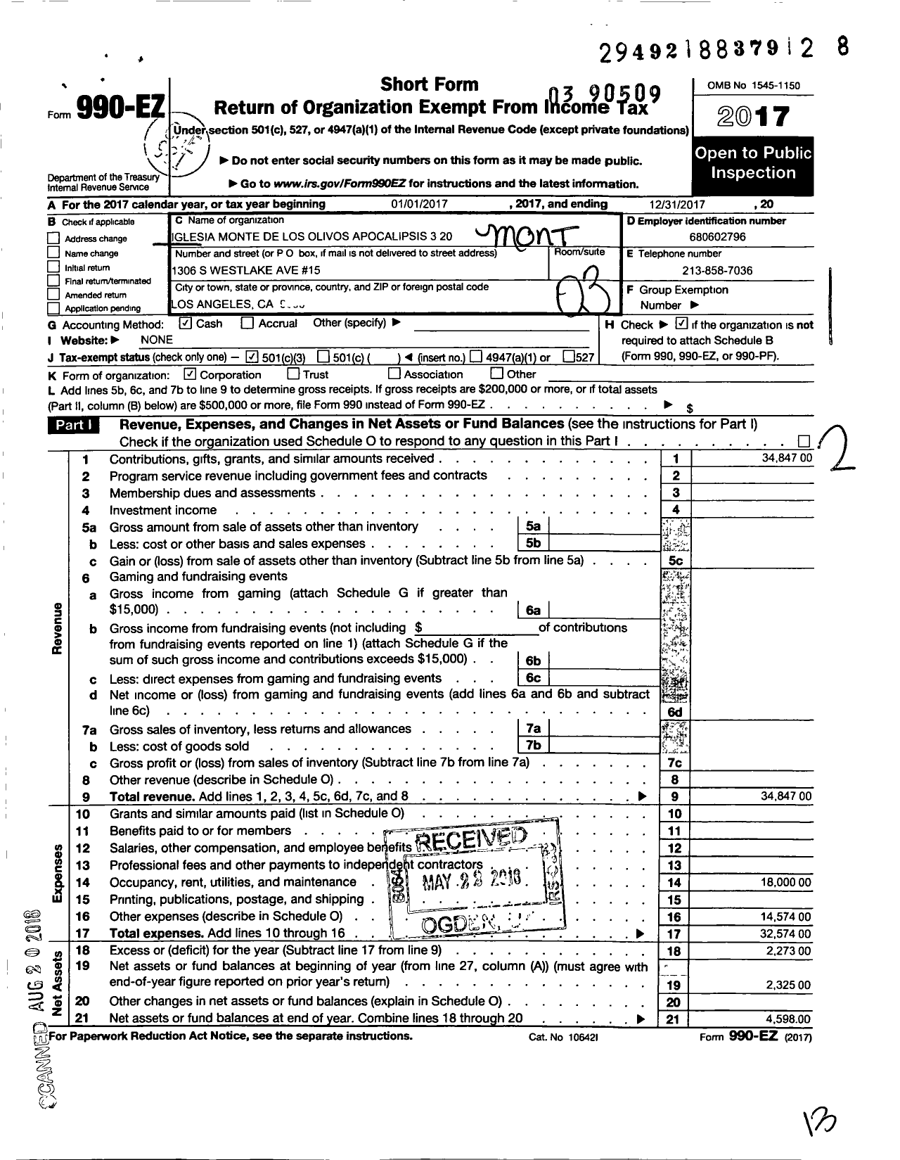 Image of first page of 2017 Form 990EZ for Iglesia Monte de Los Olivos Apocalipsis 3 20