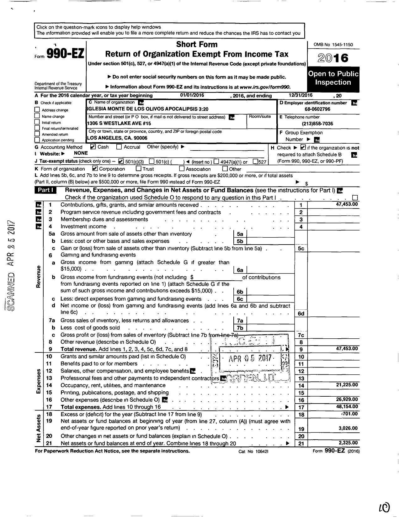 Image of first page of 2016 Form 990EZ for Iglesia Monte de Los Olivos Apocalipsis 3 20