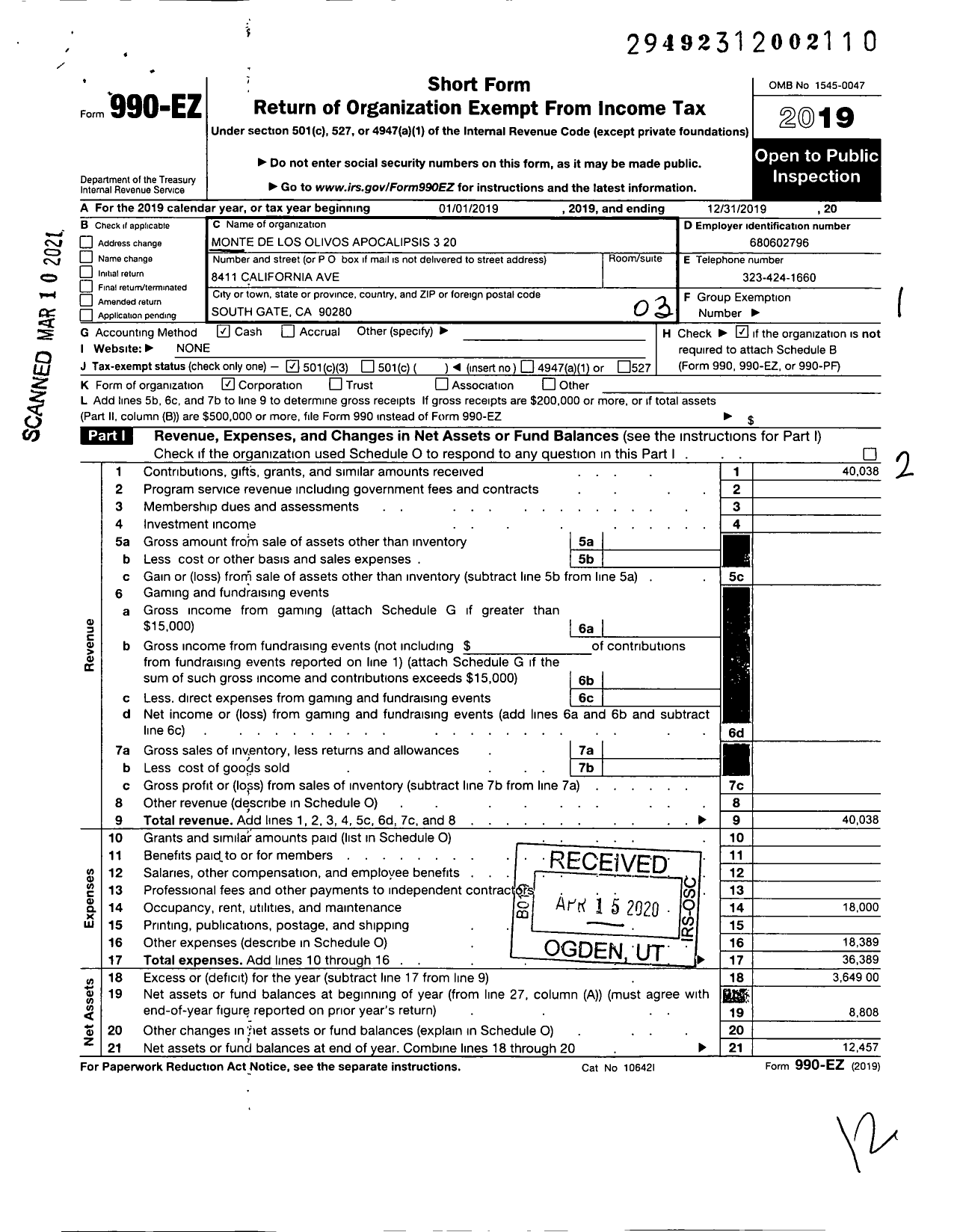 Image of first page of 2019 Form 990EZ for Iglesia Monte de Los Olivos Apocalipsis 3 20