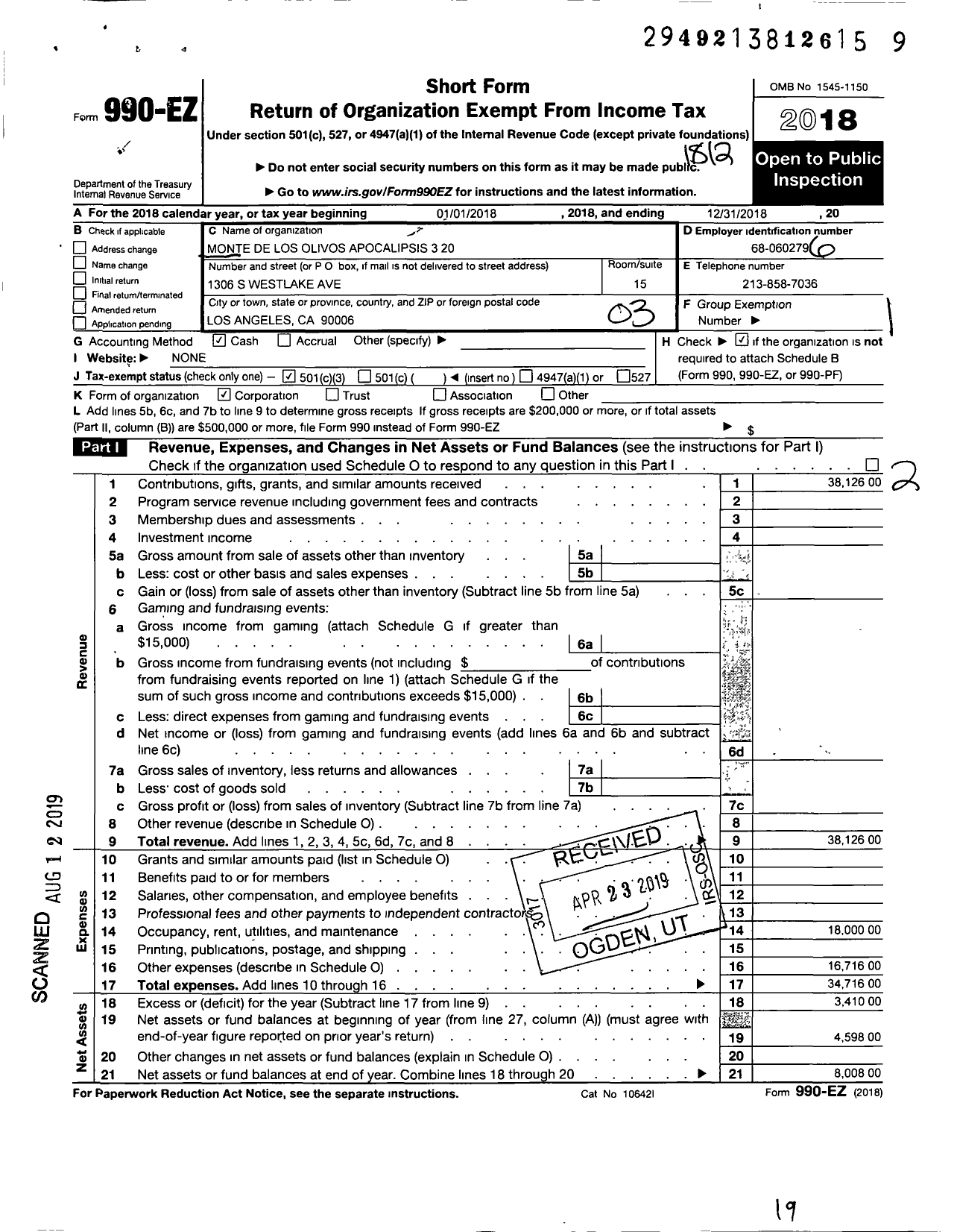 Image of first page of 2018 Form 990EZ for Iglesia Monte de Los Olivos Apocalipsis 3 20