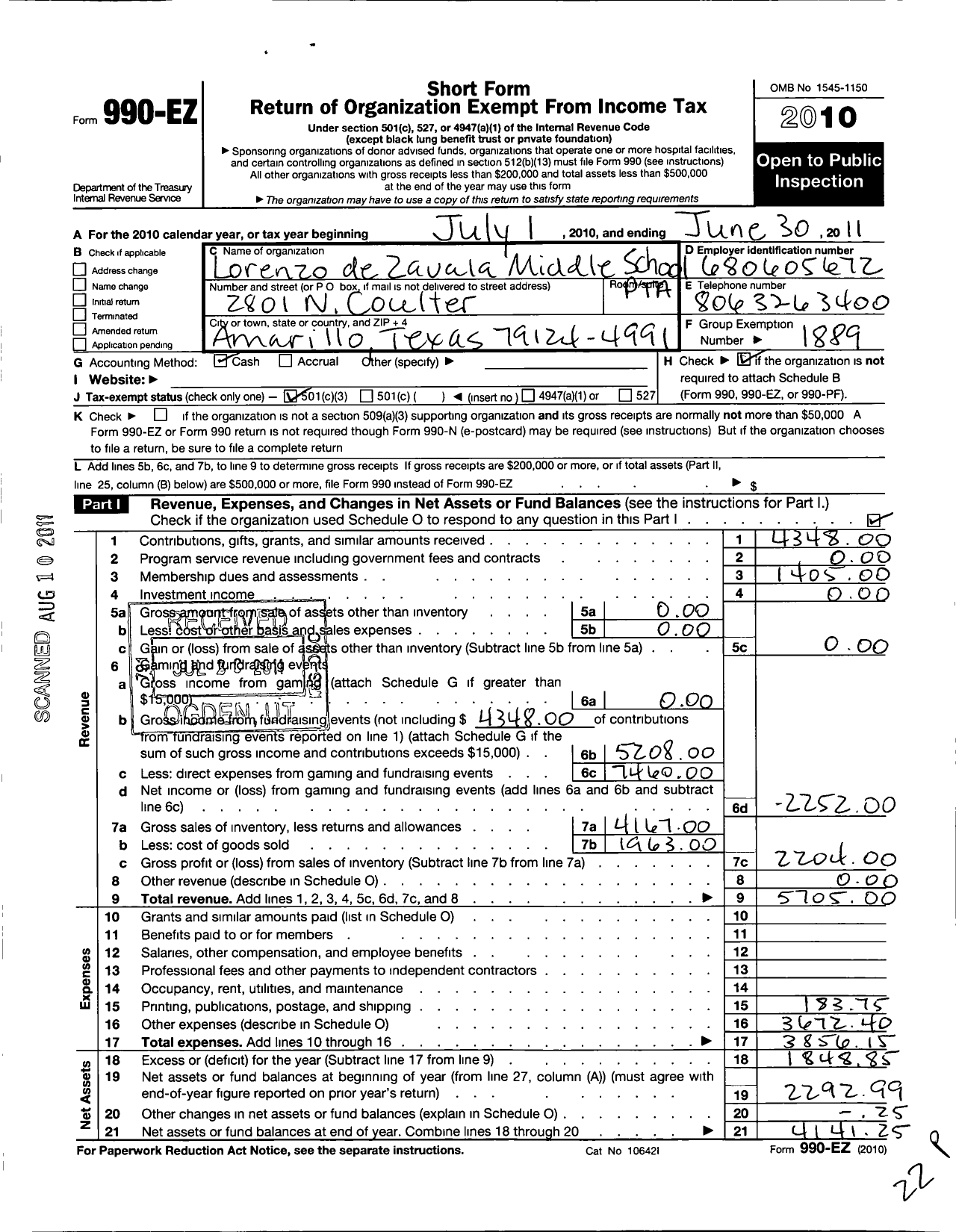 Image of first page of 2010 Form 990EZ for Texas PTA - Dezavala Middle School PTA