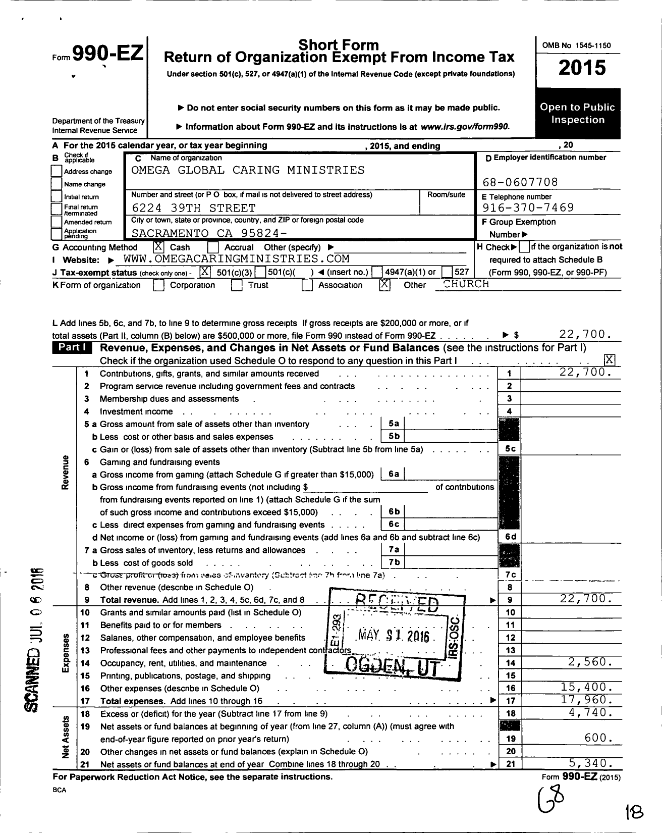 Image of first page of 2015 Form 990EZ for Omega Global Caring Ministries