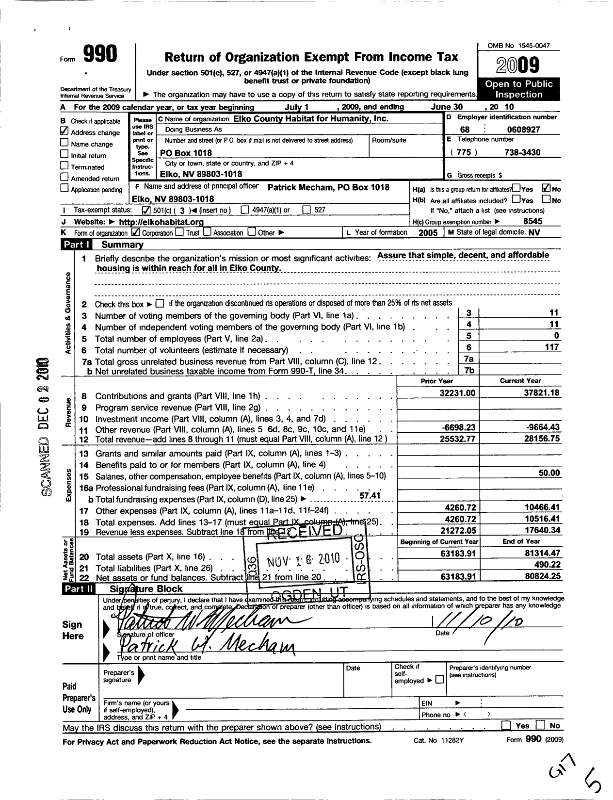 Image of first page of 2009 Form 990 for Habitat for Humanity - Elko County NV