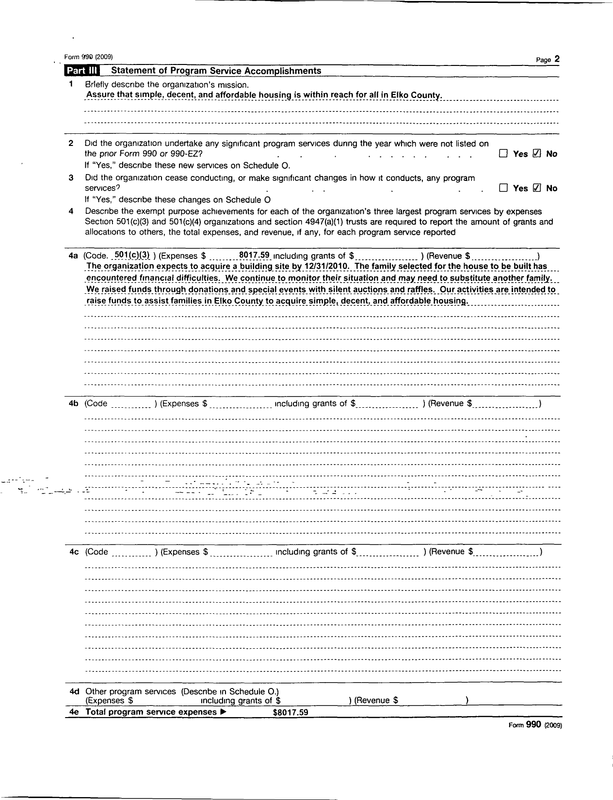 Image of first page of 2009 Form 990R for Habitat for Humanity - Elko County NV