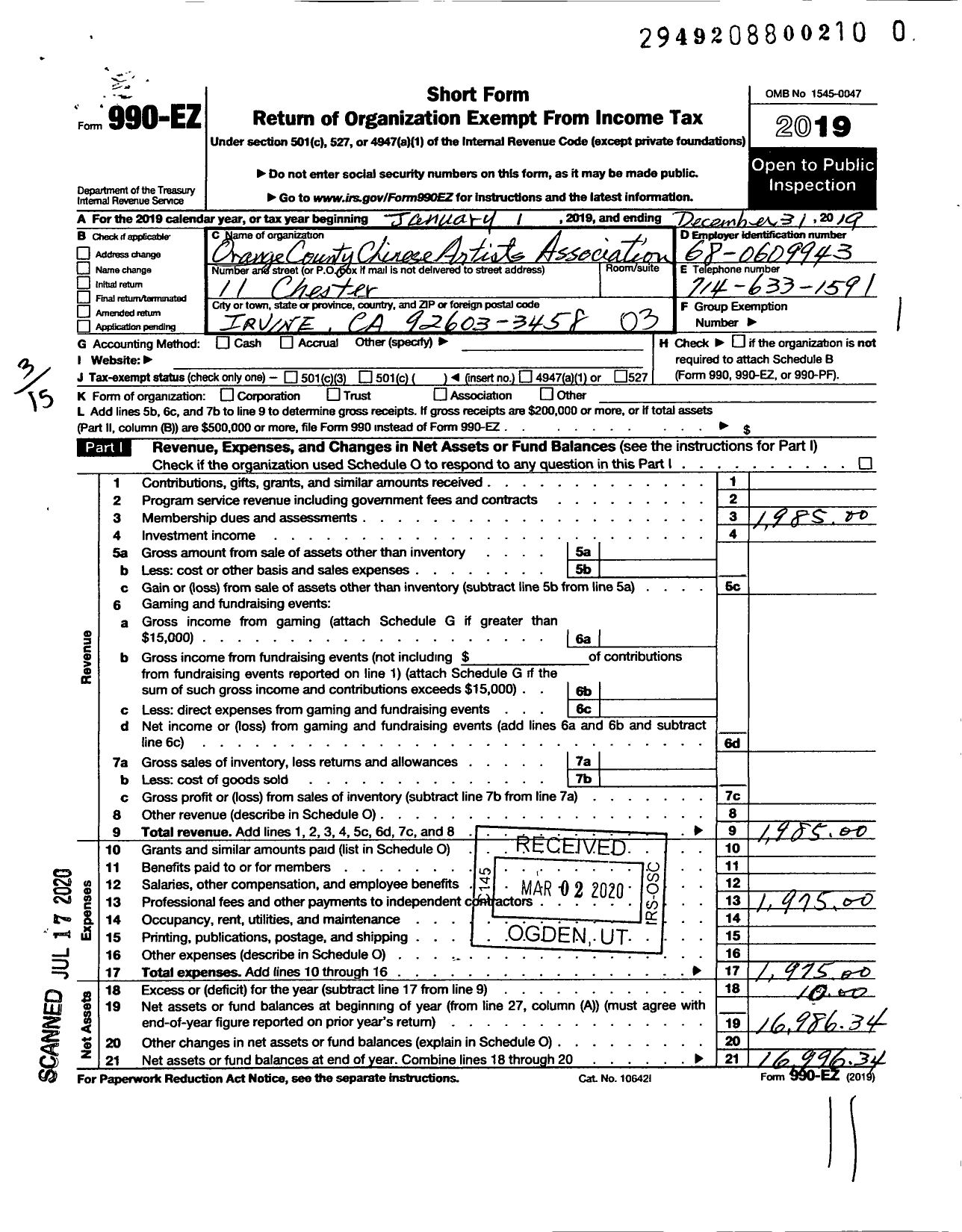 Image of first page of 2019 Form 990EZ for Orange County Chinese Artists Association