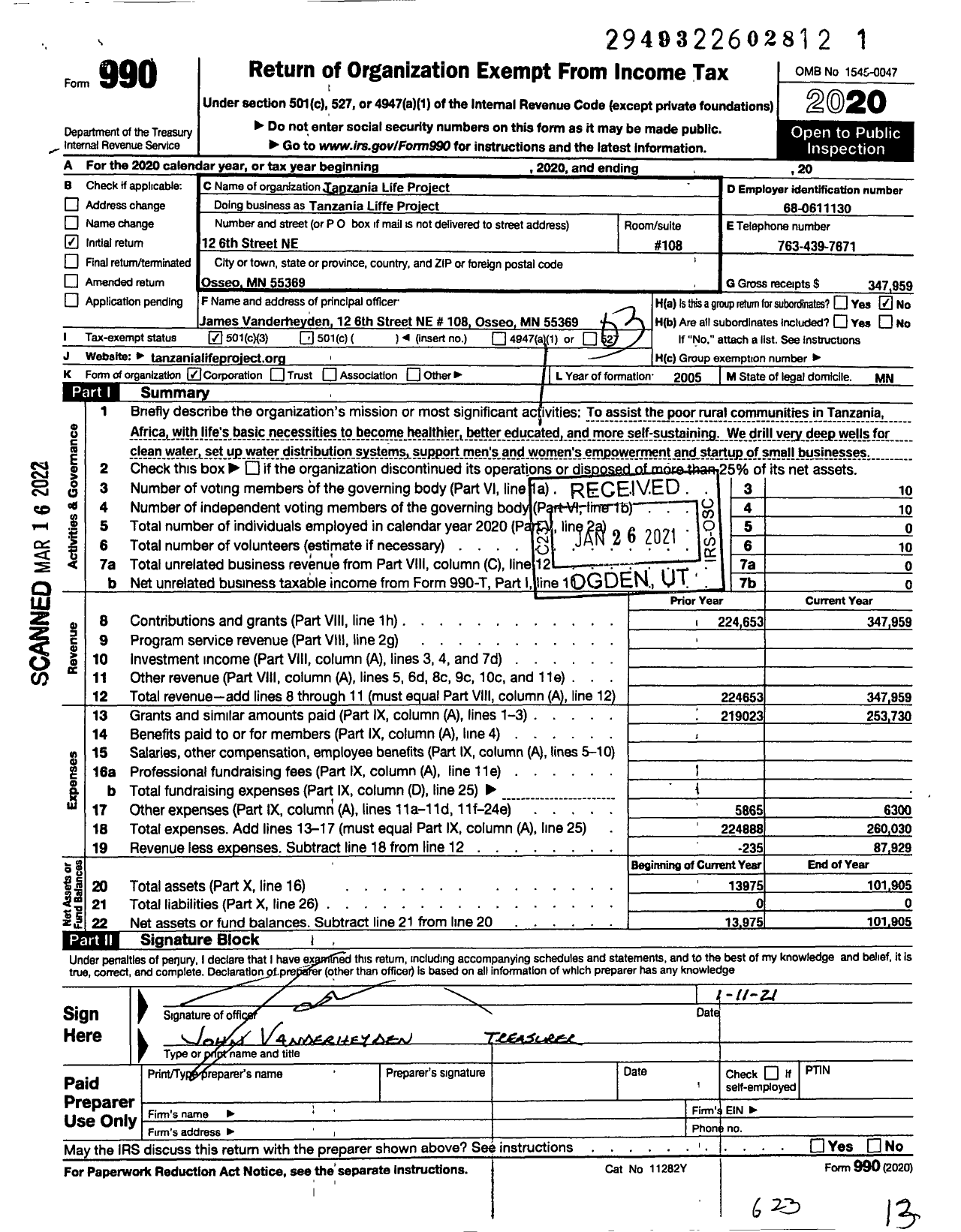 Image of first page of 2020 Form 990 for Tanzania Life Project