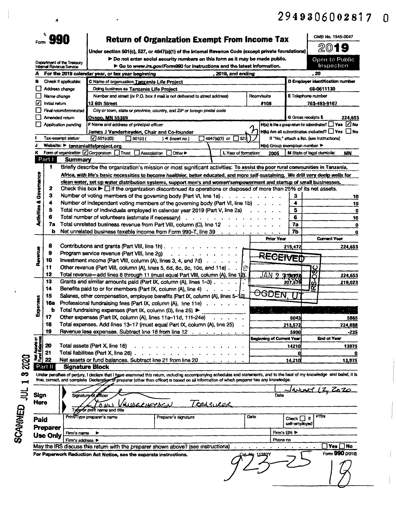 Image of first page of 2019 Form 990 for Tanzania Life Project