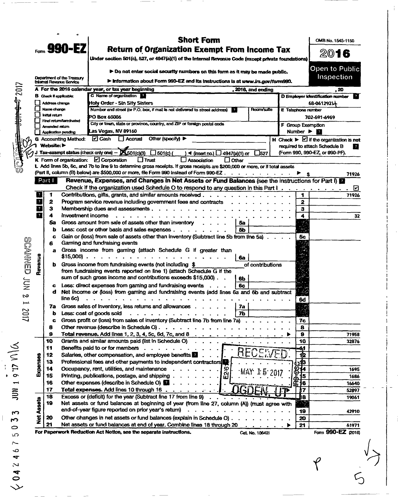 Image of first page of 2016 Form 990EZ for Holy Order Sin Sity Sisters