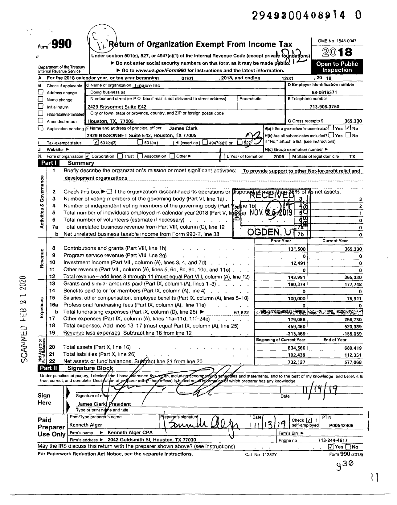 Image of first page of 2018 Form 990 for Linacre