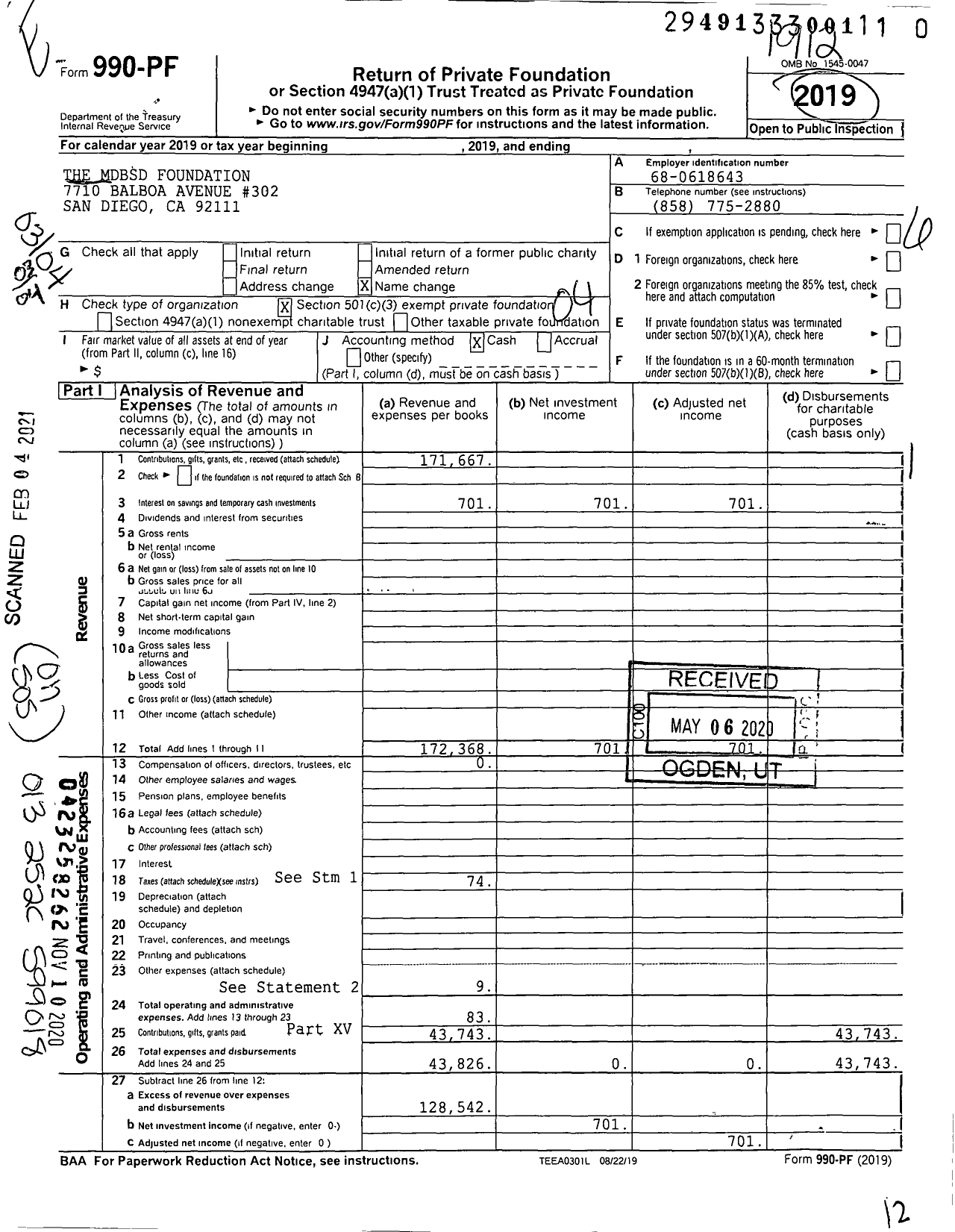 Image of first page of 2019 Form 990PF for The MDBSD Foundation