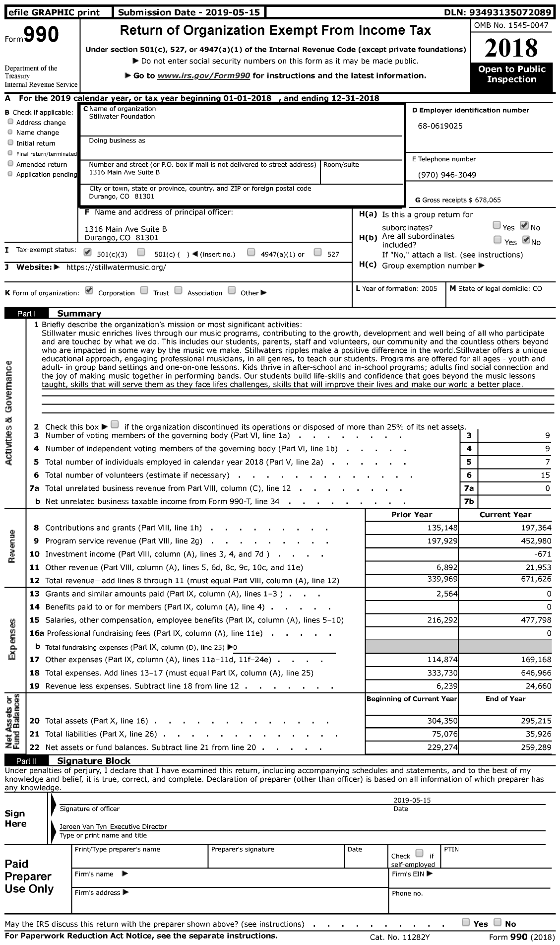 Image of first page of 2018 Form 990 for Stillwater Music