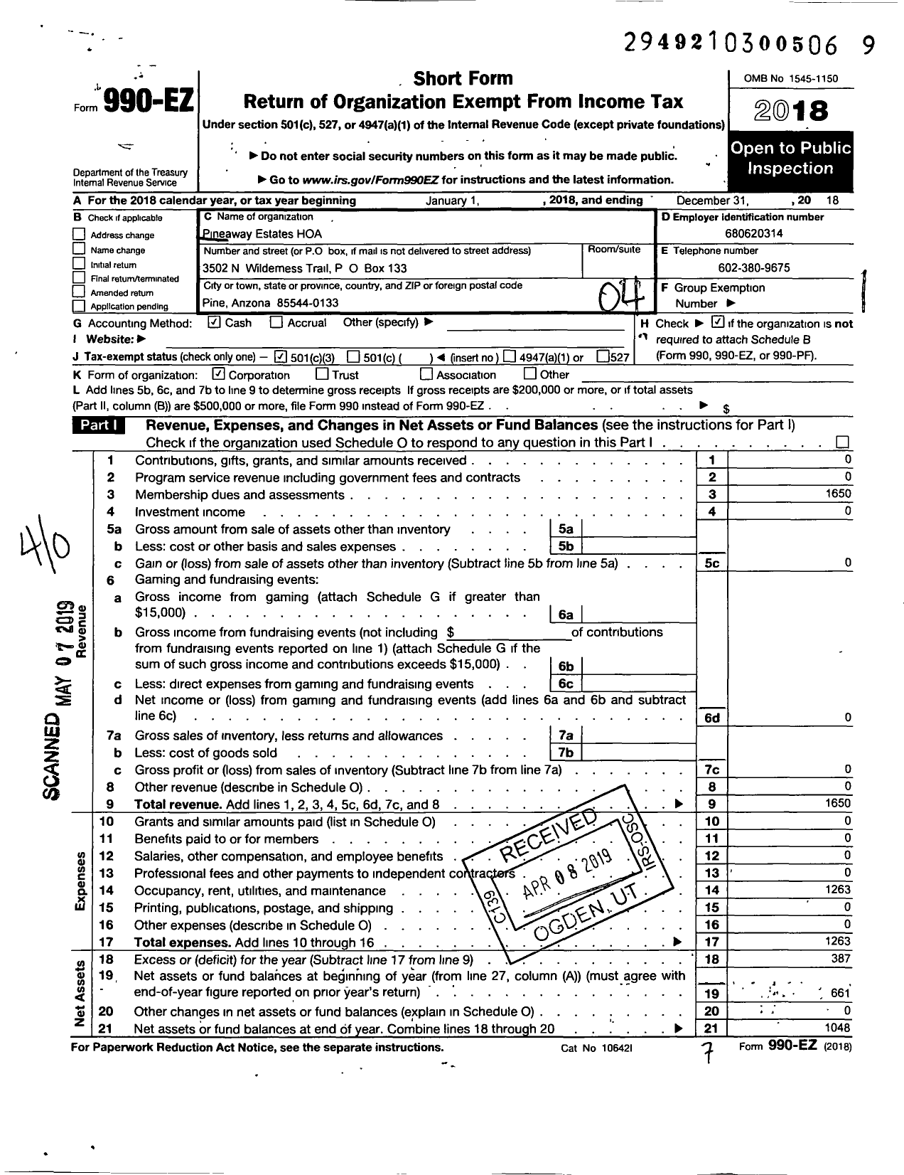 Image of first page of 2018 Form 990EO for Pineaway Estates Homeowners Association