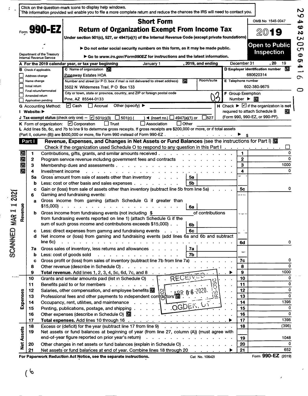 Image of first page of 2019 Form 990EZ for Pineaway Estates Homeowners Association
