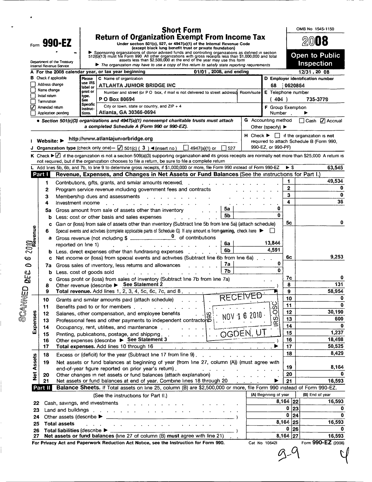 Image of first page of 2008 Form 990EZ for Atlanta Junior Bridge