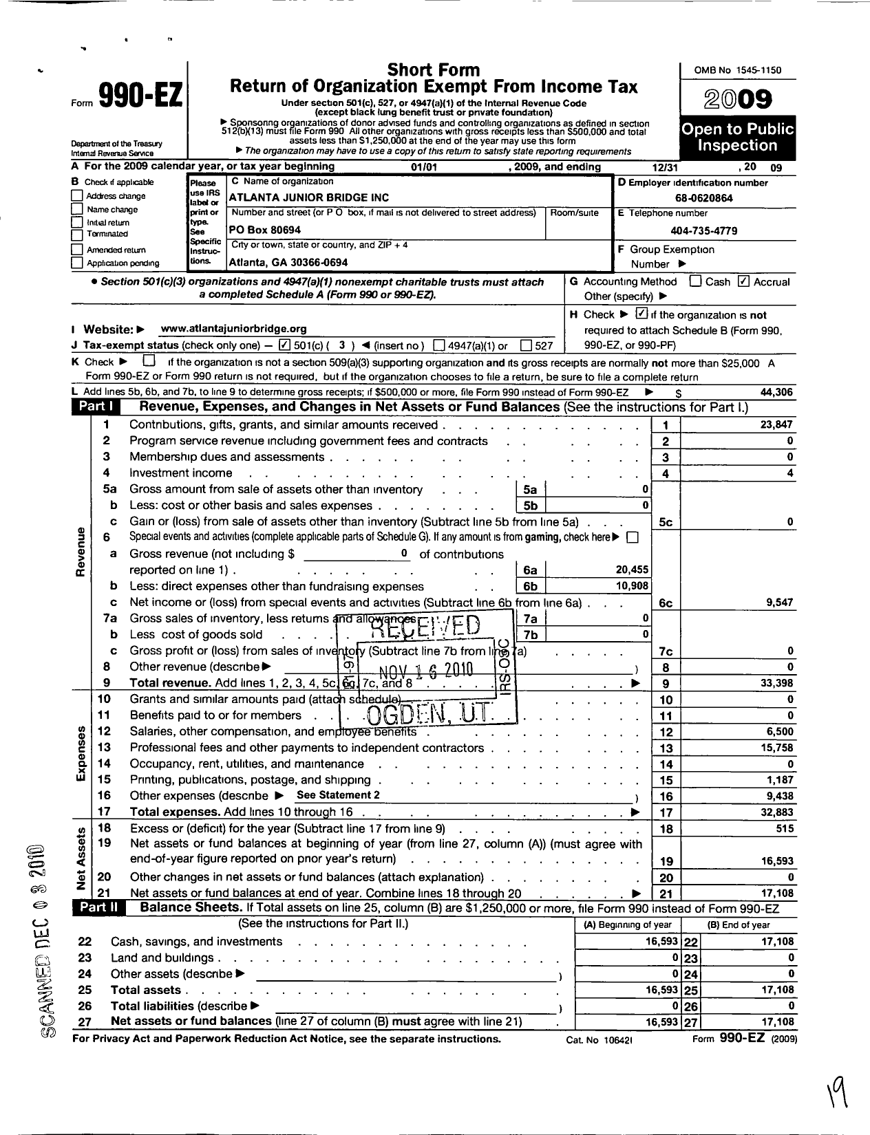 Image of first page of 2009 Form 990EZ for Atlanta Junior Bridge