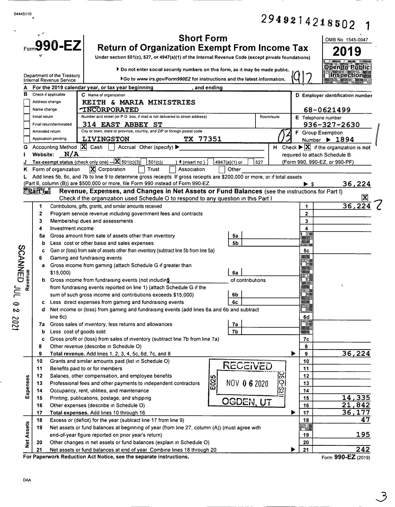 Image of first page of 2019 Form 990EZ for Keith and Maria Ministries Incorporated