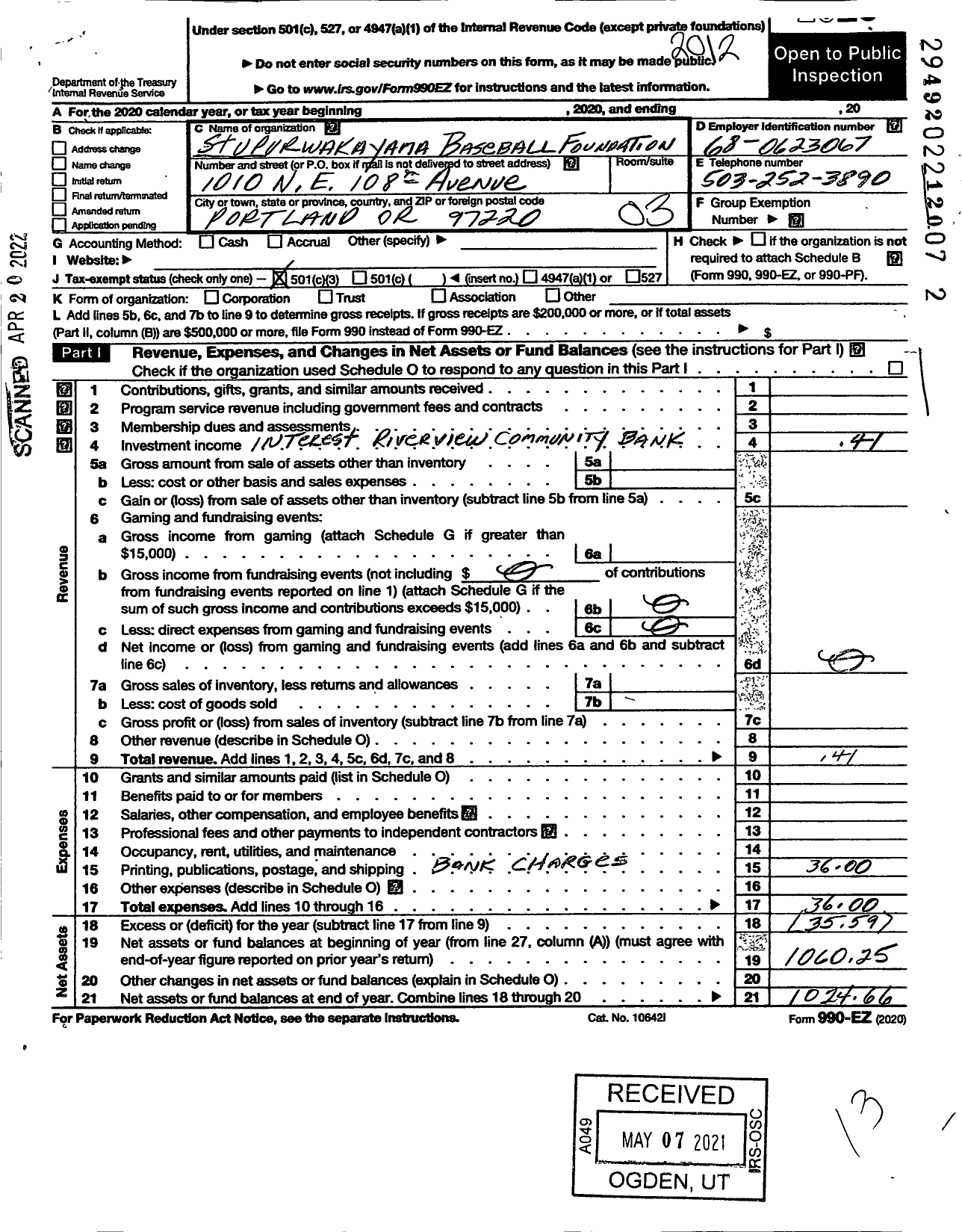 Image of first page of 2020 Form 990EZ for Stupur Wakayama Baseball Ball Foundation