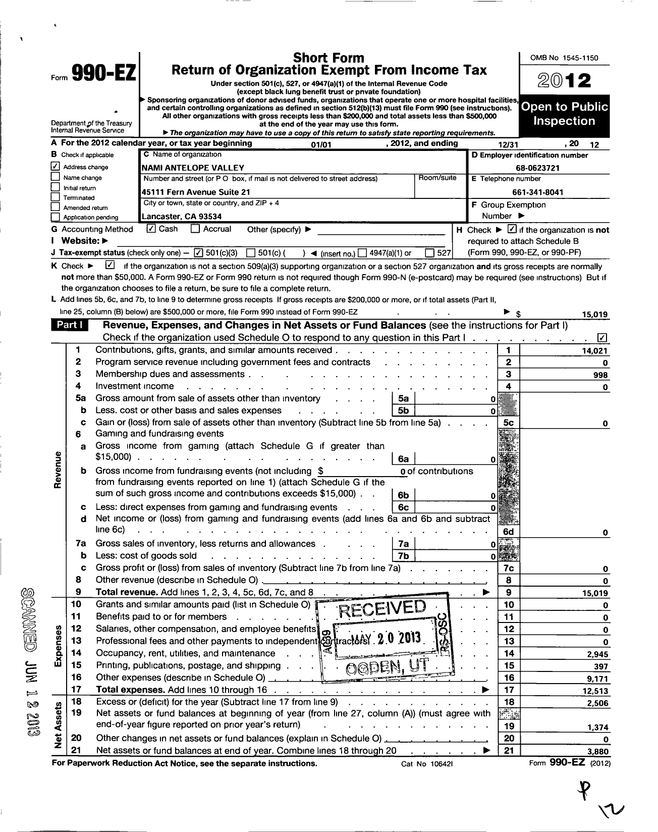 Image of first page of 2012 Form 990EZ for Nami Antelope Valley