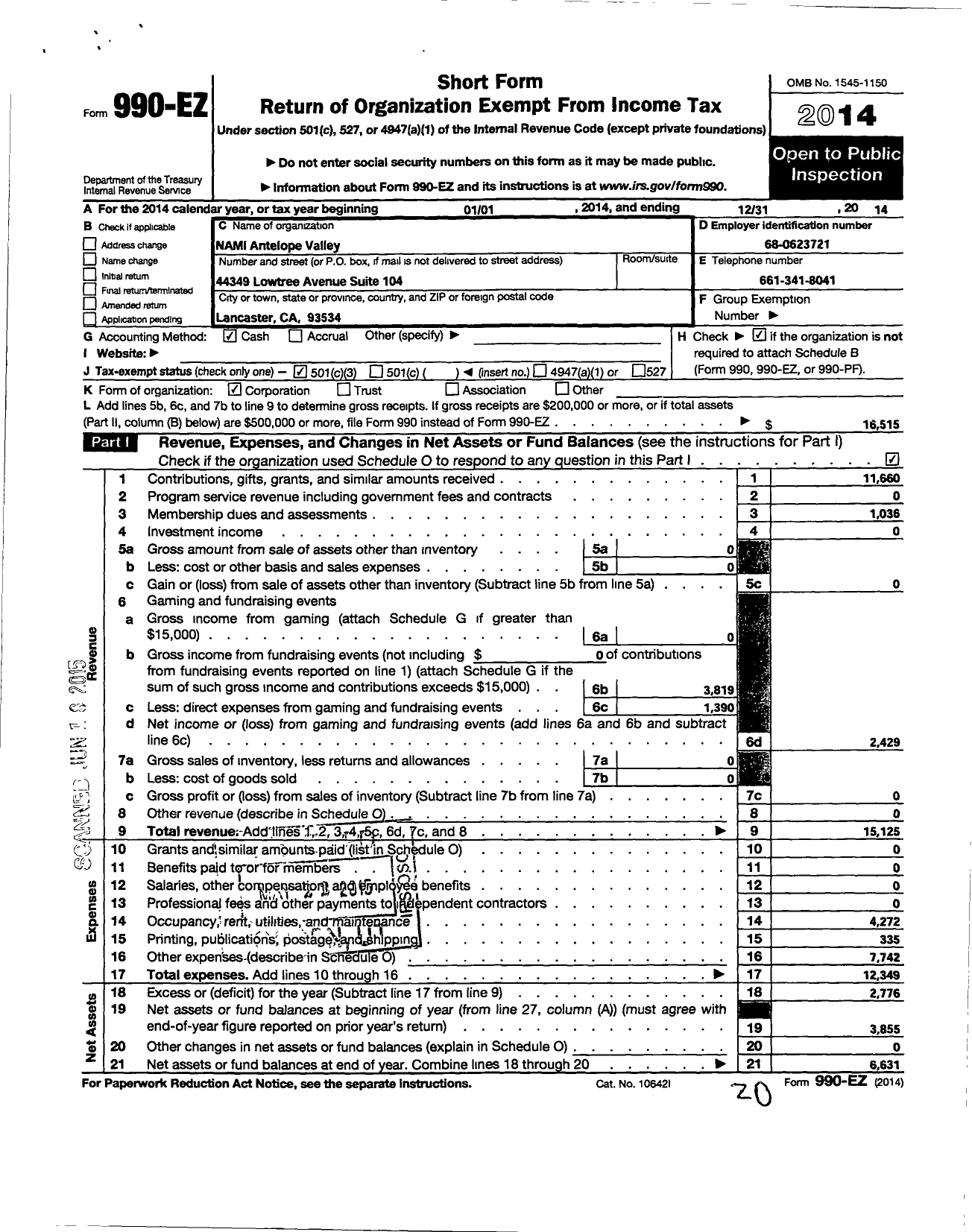 Image of first page of 2014 Form 990EZ for Nami Antelope Valley