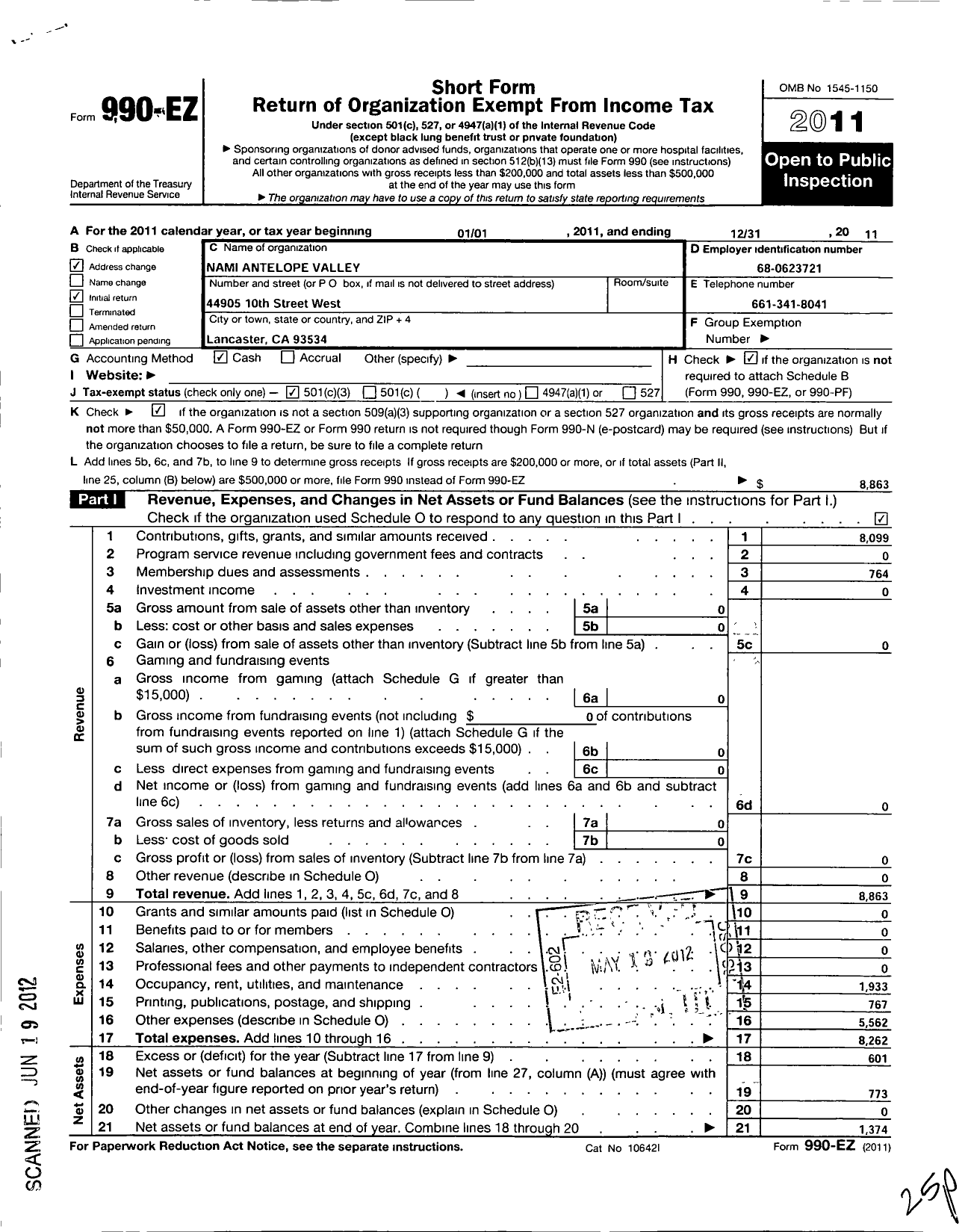 Image of first page of 2011 Form 990EZ for Nami Antelope Valley