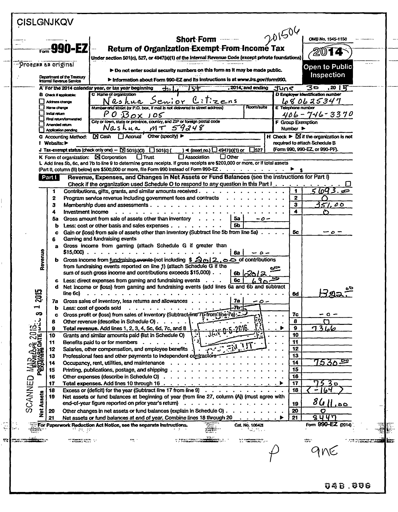 Image of first page of 2014 Form 990EZ for Nashua Senior Citizens