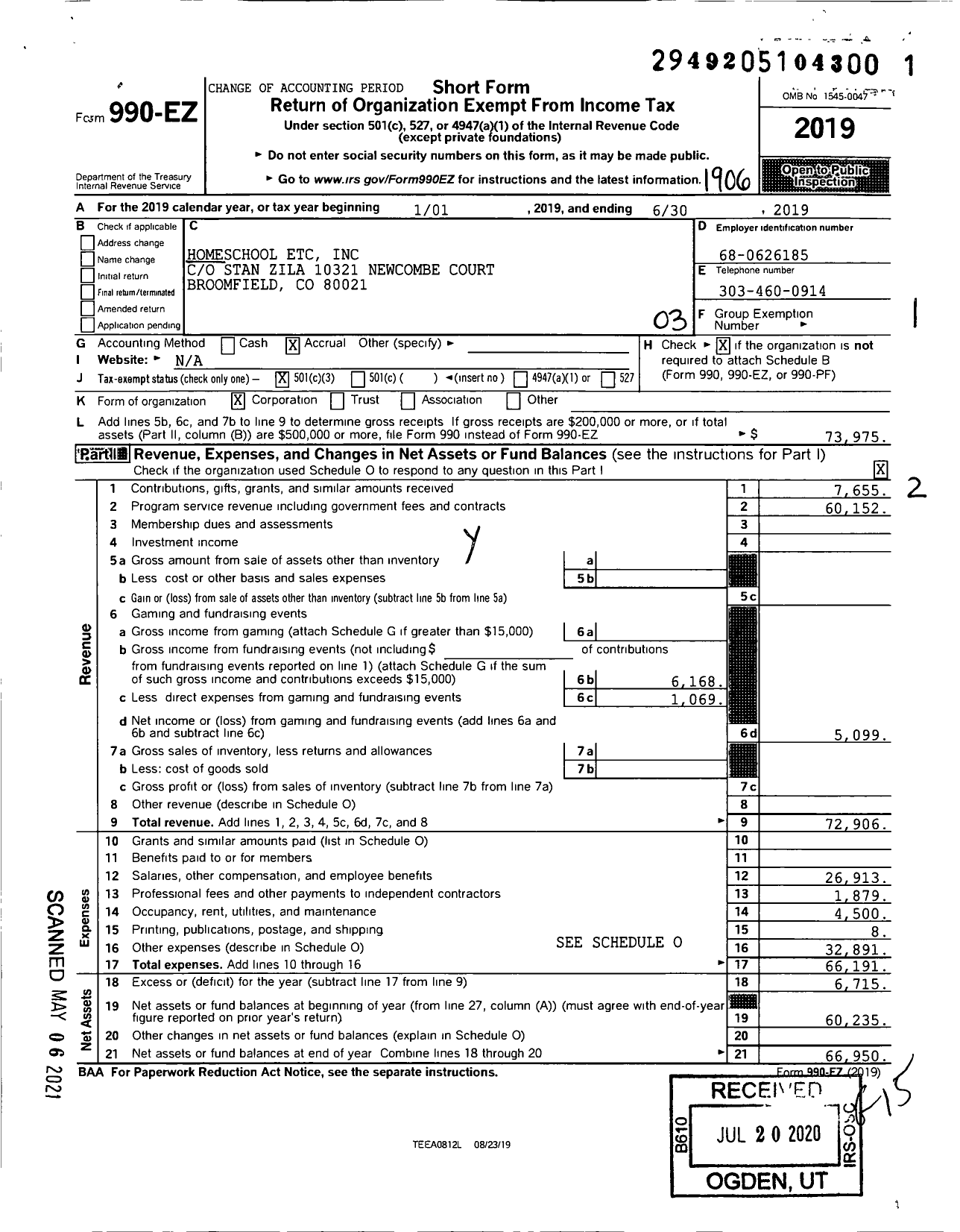 Image of first page of 2018 Form 990EZ for Homeschool Etc