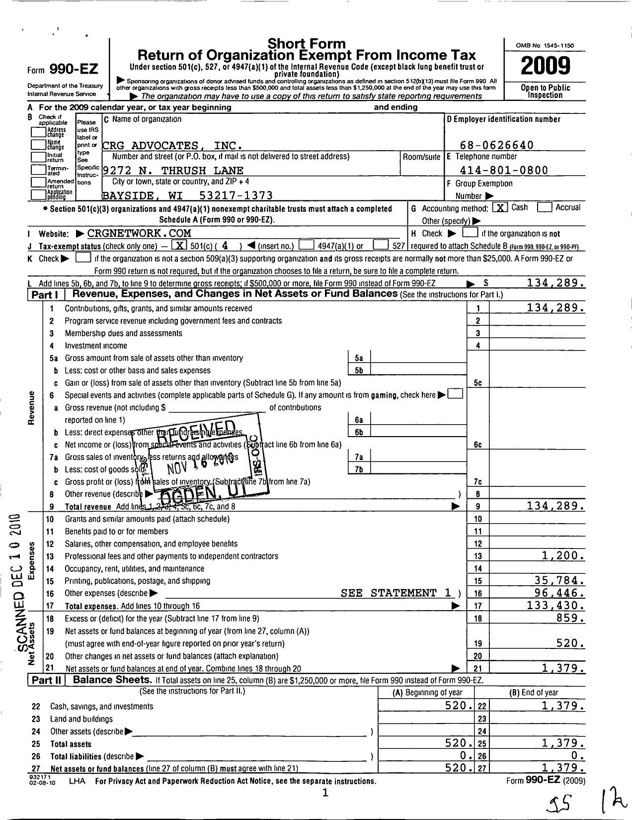 Image of first page of 2009 Form 990EO for CRG Advocates