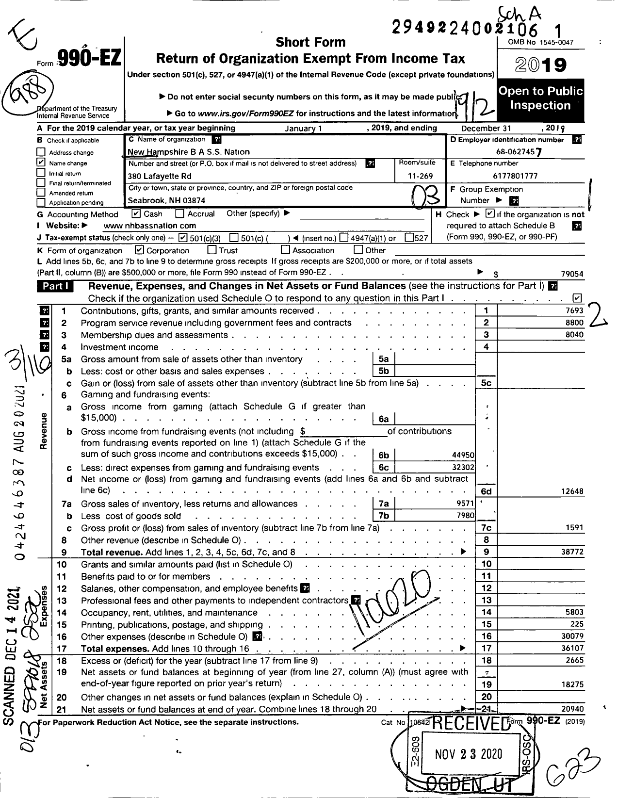 Image of first page of 2019 Form 990EZ for New Hampshire B A S S Nation