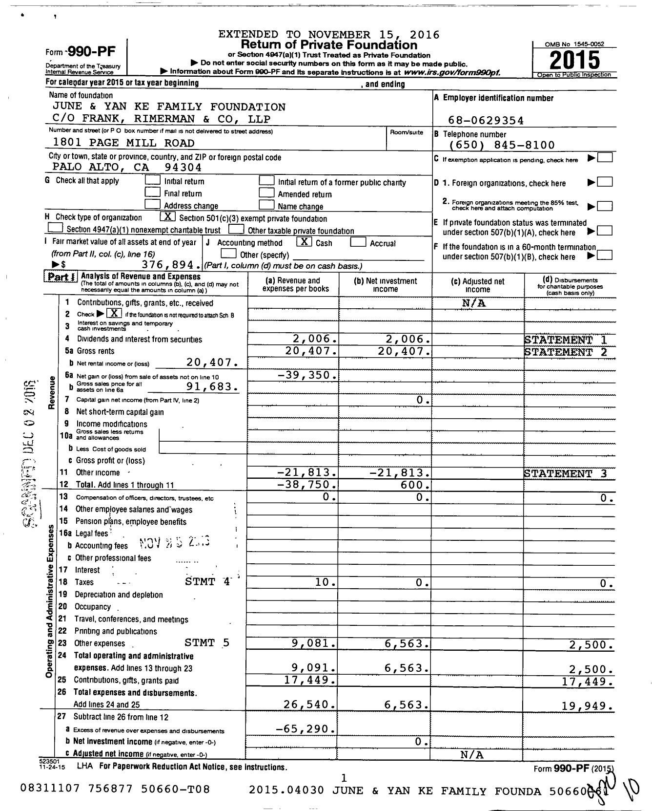 Image of first page of 2015 Form 990PF for June and Yan Ke Family Foundation